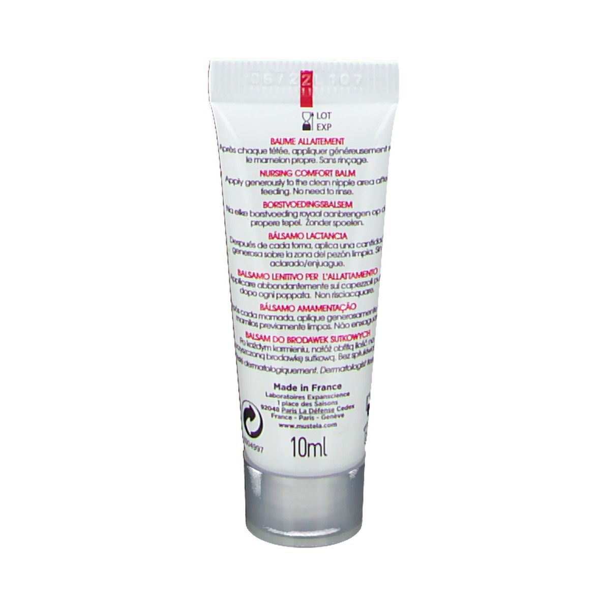 Dos du tube Mustela® Bio-Pflege-Balsam. Texte multilingue. Inscription: Baume Allaitement, Nursing Comfort Balm.