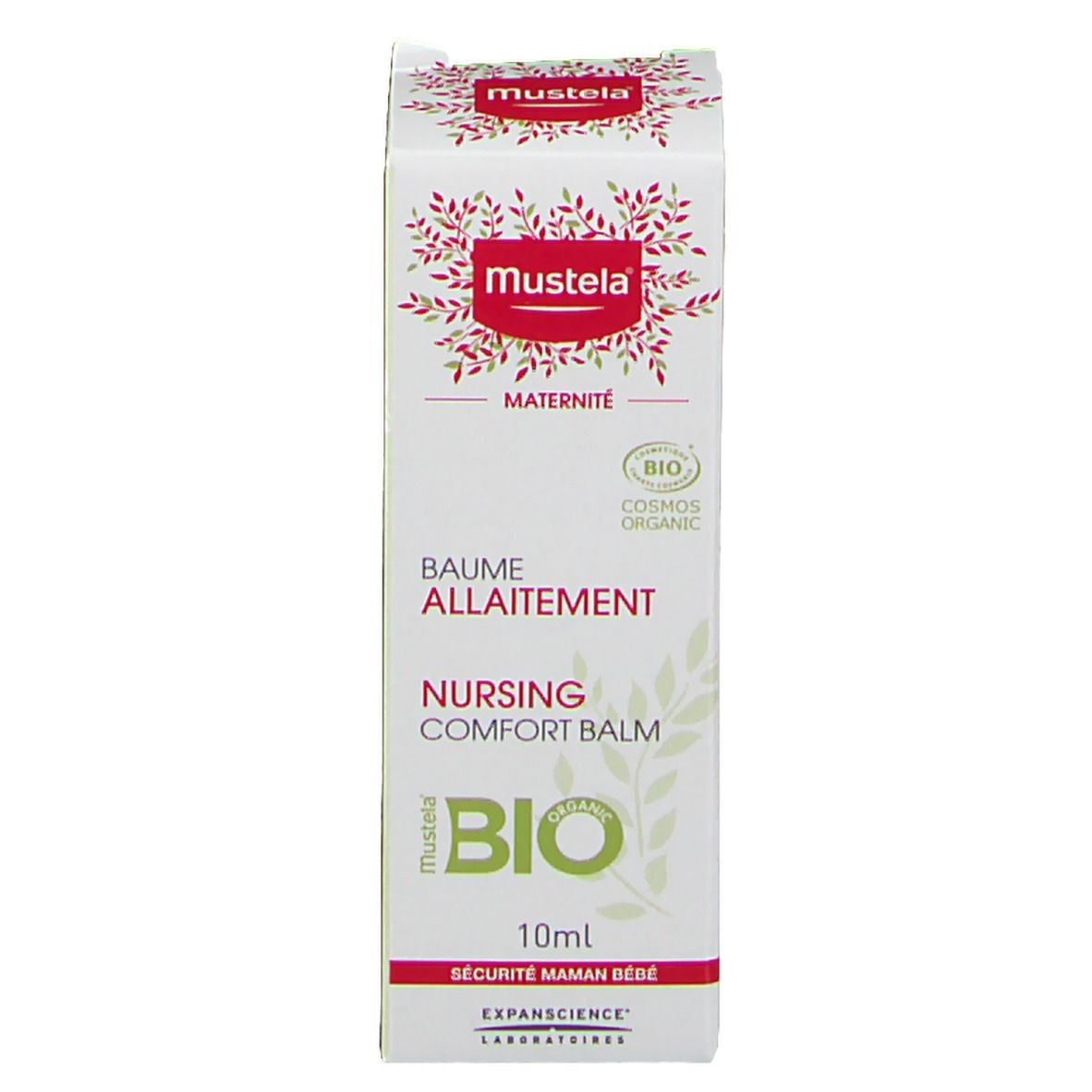 Emballage de Mustela® Bio-Pflege-Balsam. Inscription: Maternité, Baume Allaitement, Nursing Comfort Balm, Bio, 10ml.