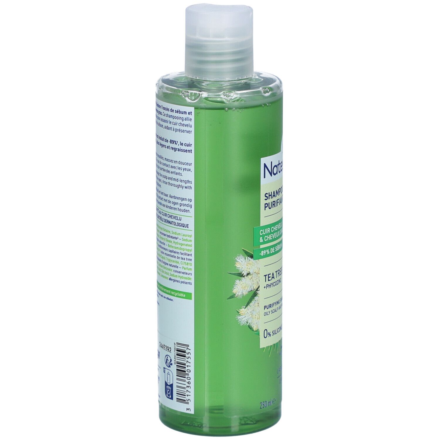 Dos du flacon de shampooing vert. Texte: utilisation, ingrédients, 93% d'ingrédients naturels. Logo: 1 for the planet.