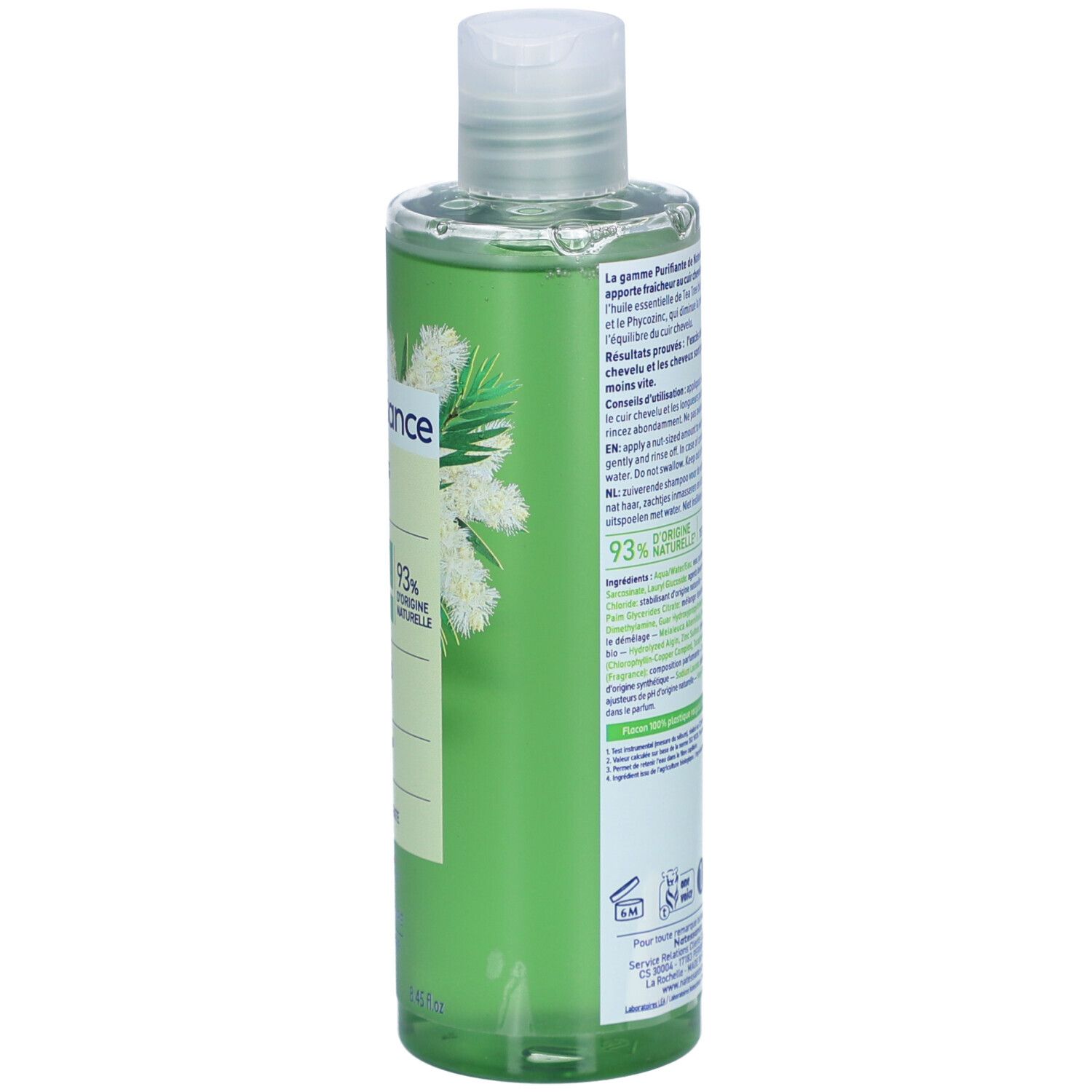 Dos du flacon de shampooing vert. Texte: utilisation, ingrédients, 93% d'ingrédients naturels. Logo: 1 for the planet.