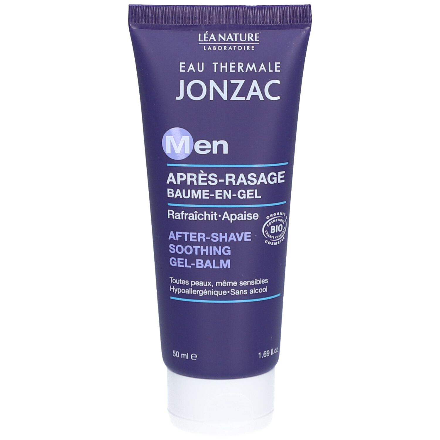 Tube bleu avec bouchon blanc. Texte : Jonzac Men Après-Rasage. Certification bio. 50 ml.