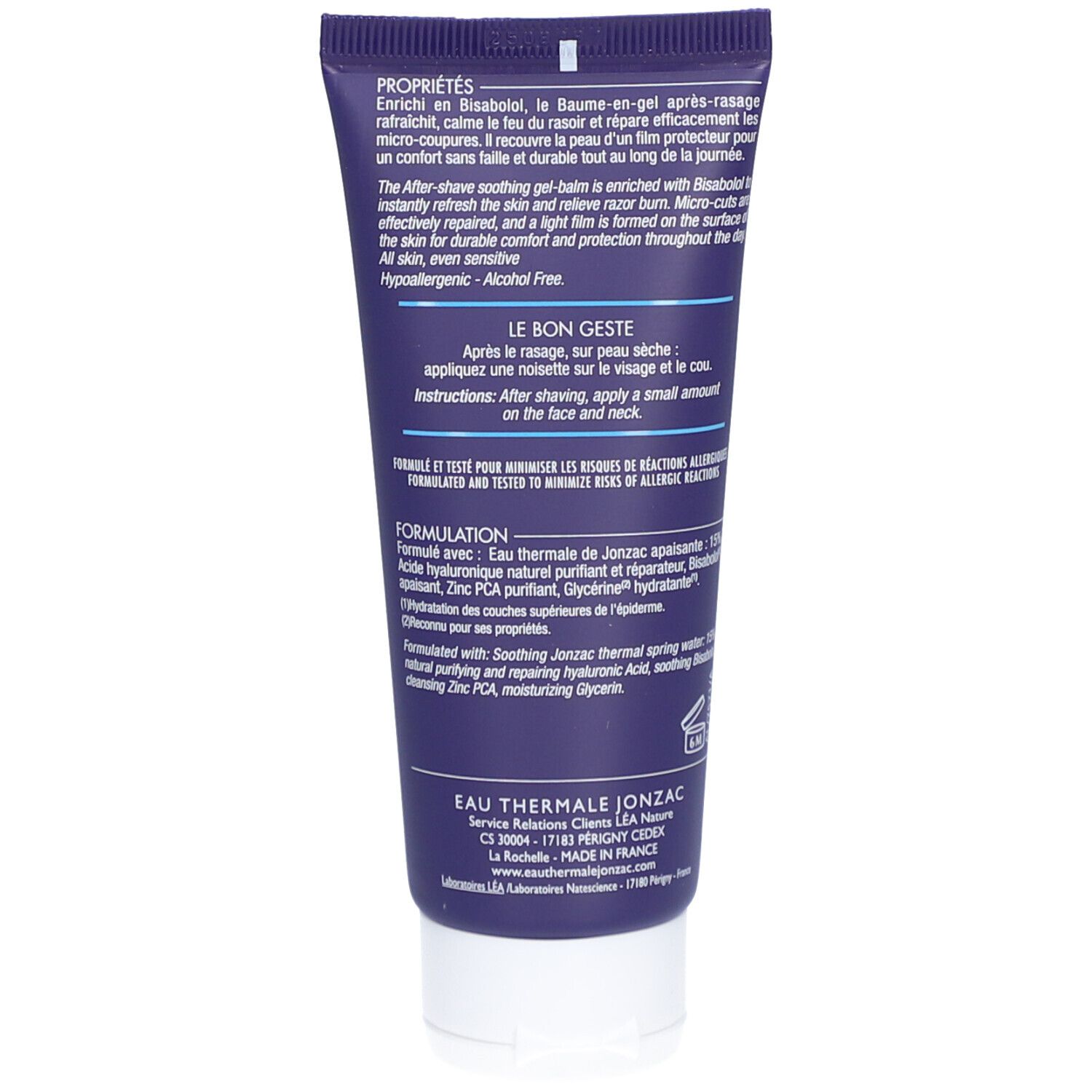 Dos du tube. Texte : ingrédients, instructions d'utilisation. Fond blanc, texte bleu.