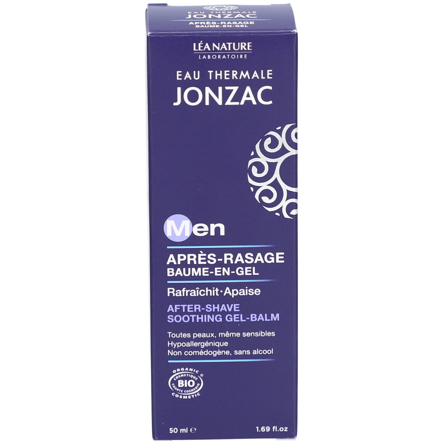 Boîte avec texte : Jonzac Men Après-Rasage. Certification bio. Couleur bleue avec motifs blancs.