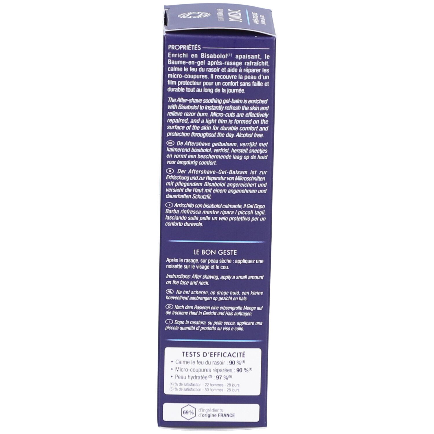 Dos du tube. Texte : ingrédients, instructions d'utilisation. Fond blanc, texte bleu.