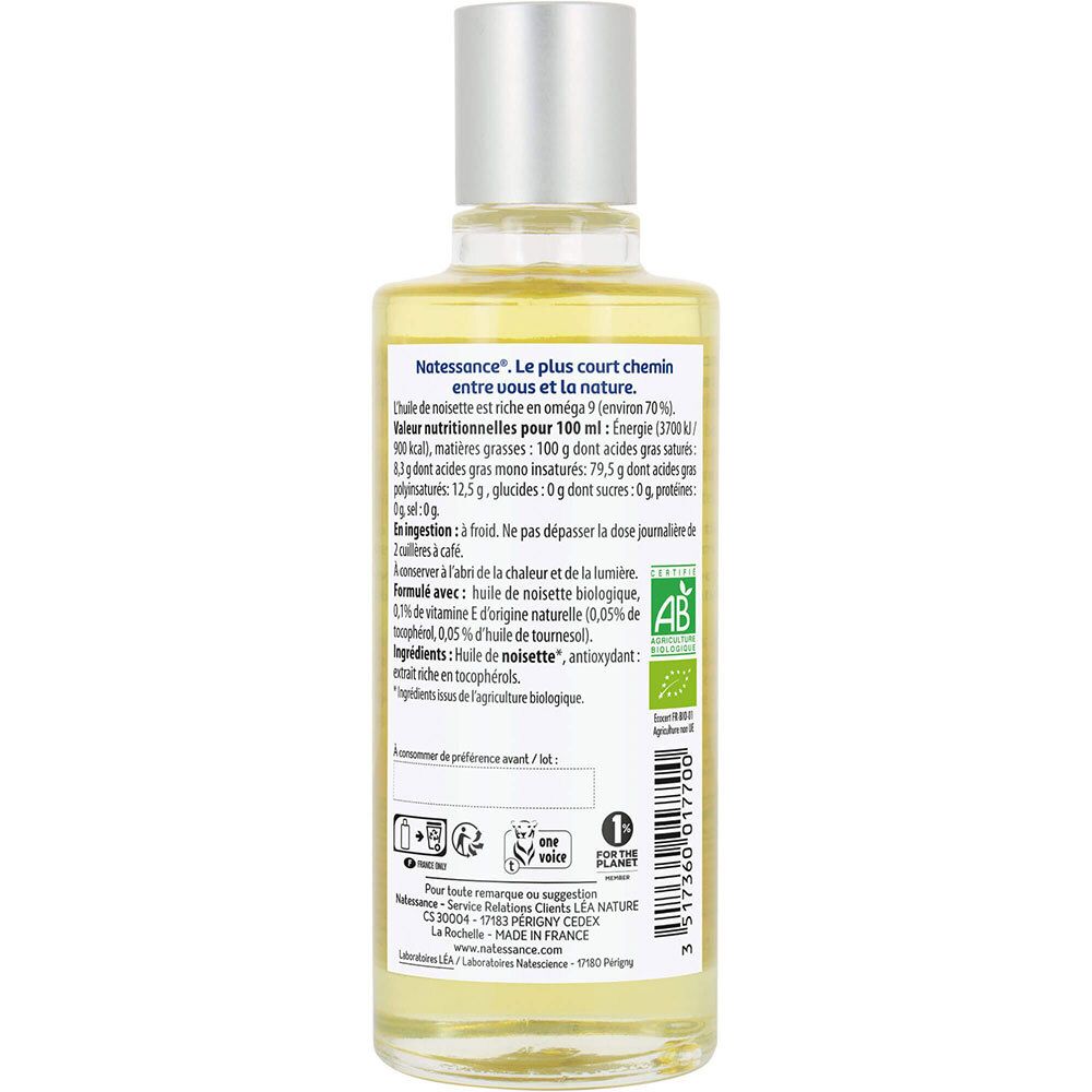Natessance Huile de Noisette Bio 100 % Pure Nourrissante Visage et Corps