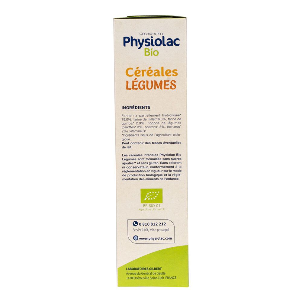 Vue latérale de l'emballage Physiolac Bio Céréales Légumes. Contient liste des ingrédients et coordonnées.