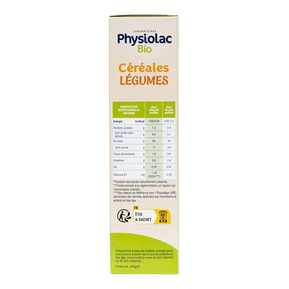 Vue latérale de l'emballage Physiolac Bio Céréales Légumes. Contient informations nutritionnelles et instructions.