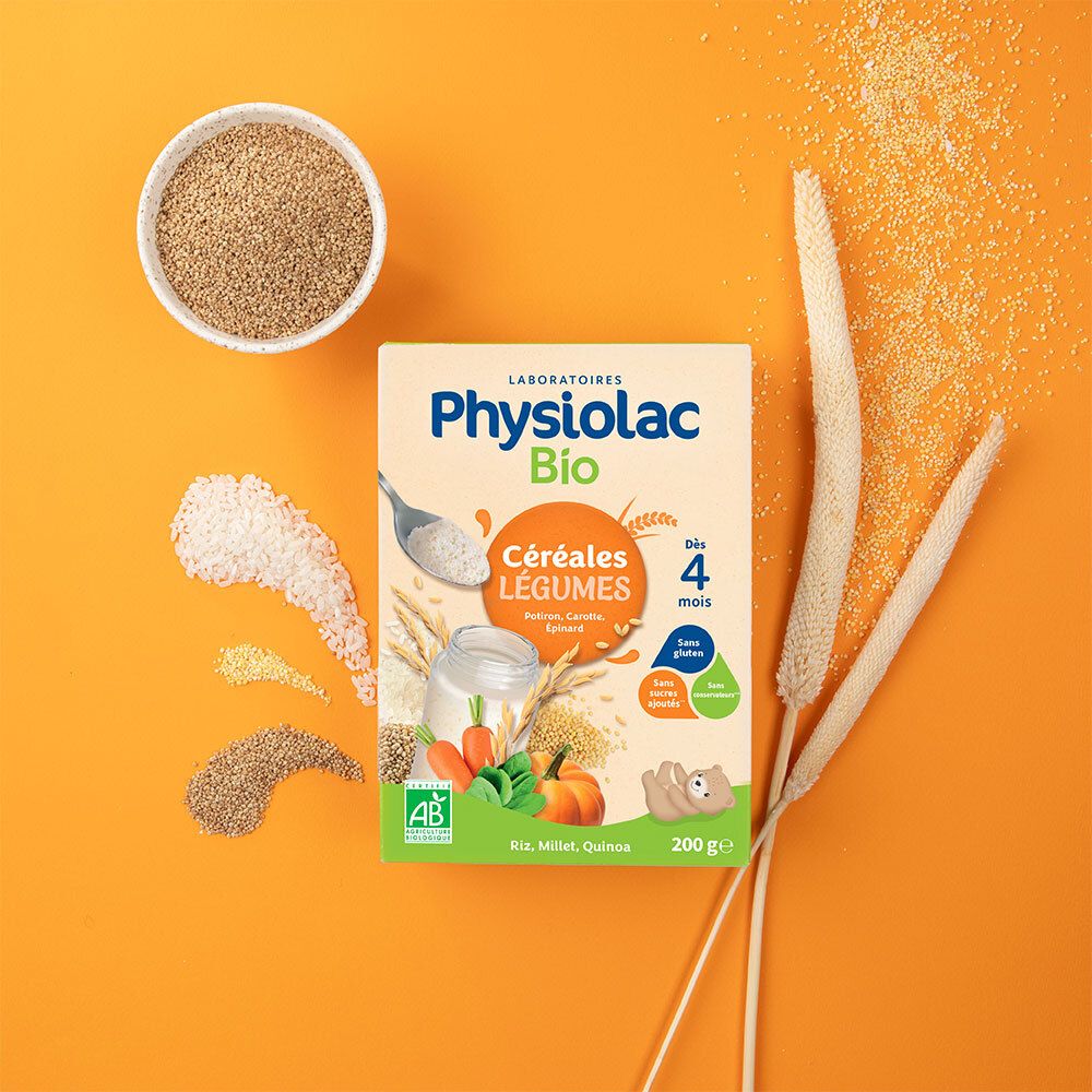 Emballage du produit Physiolac Bio Céréales Légumes. Sur fond orange. Avec céréales, légumes et une cuillère.