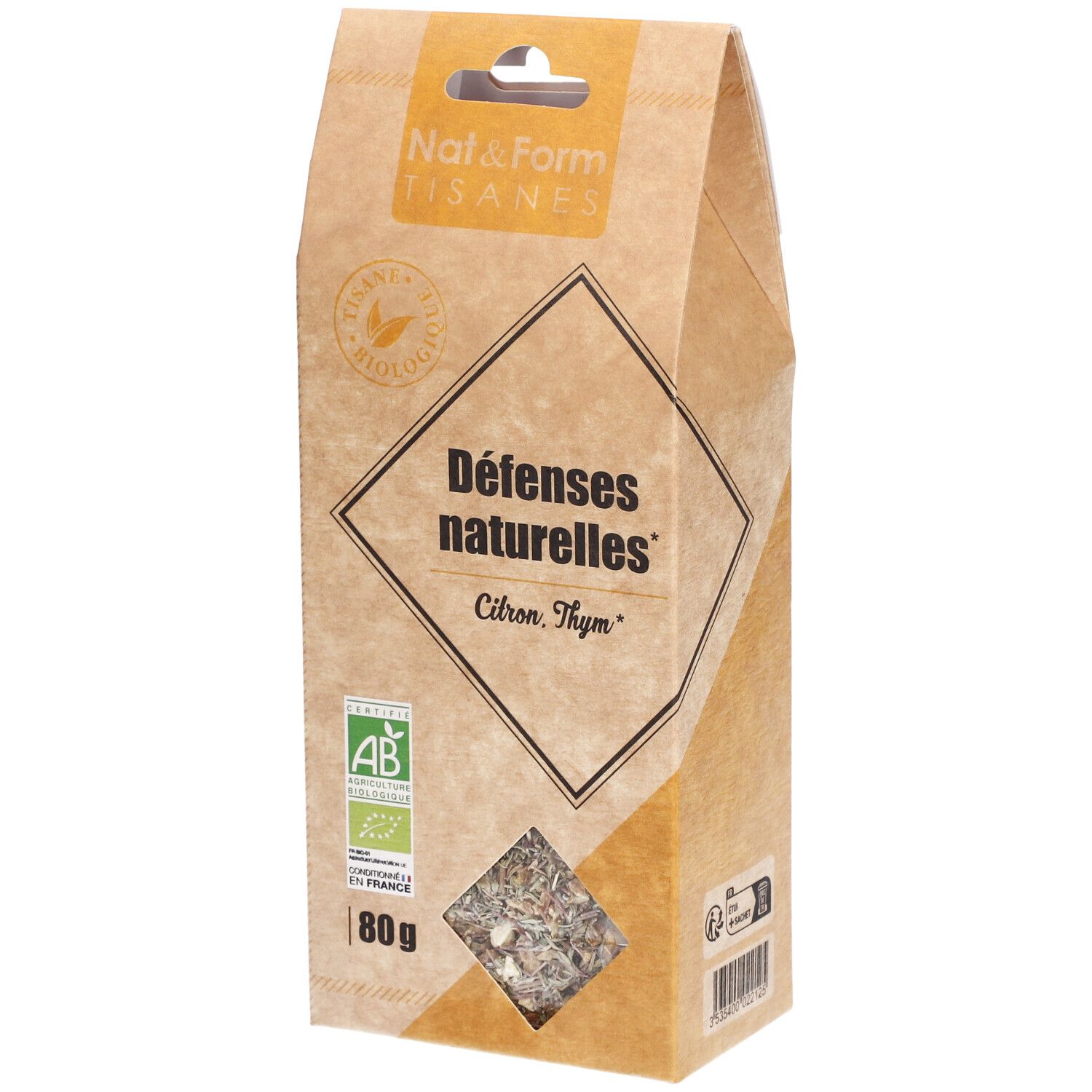 Nat&Form Tisane Défenses naturelles bio, paquet de 80g saveur citron thym.