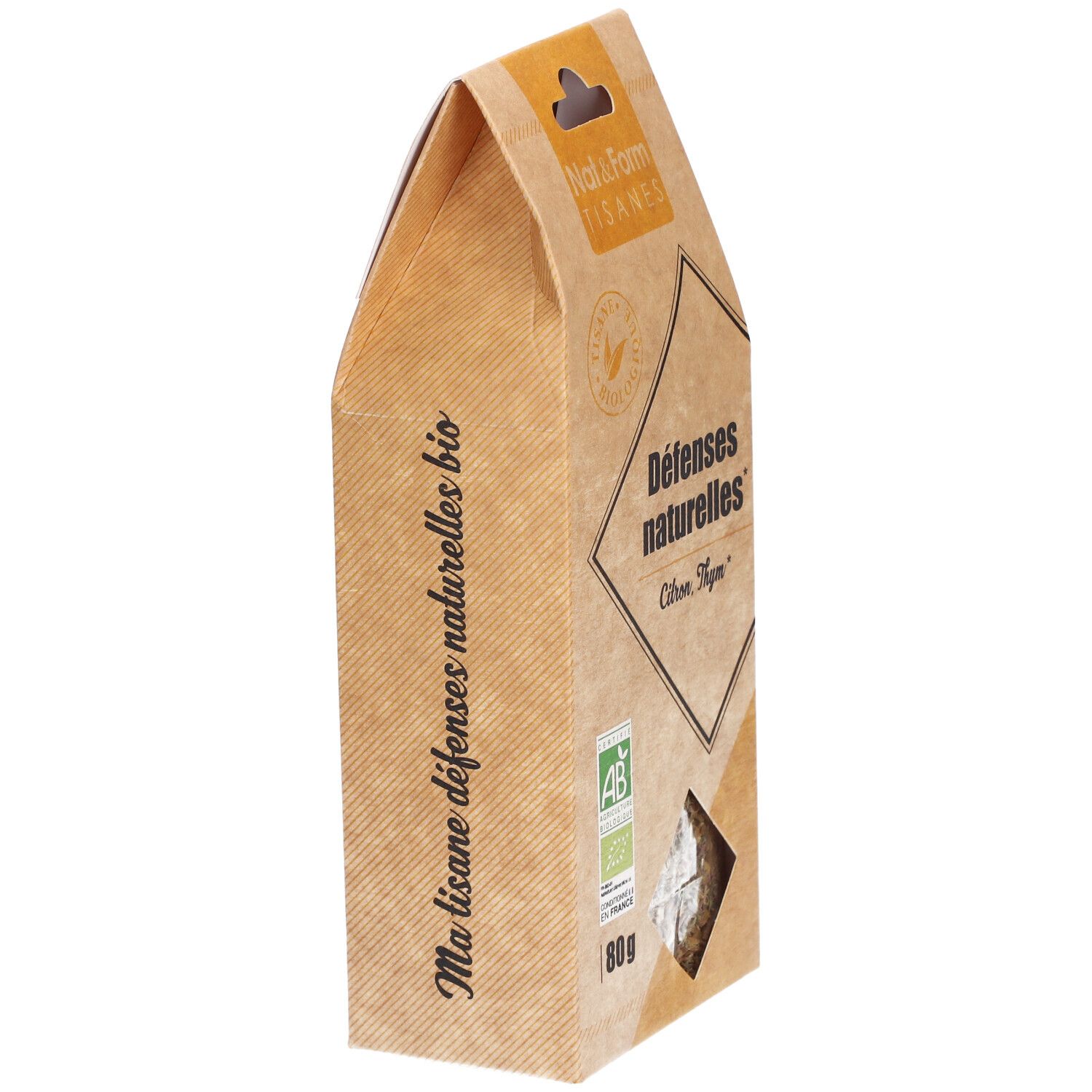 Nat&Form Tisane Défenses naturelles bio, vue latérale du paquet de 80g.