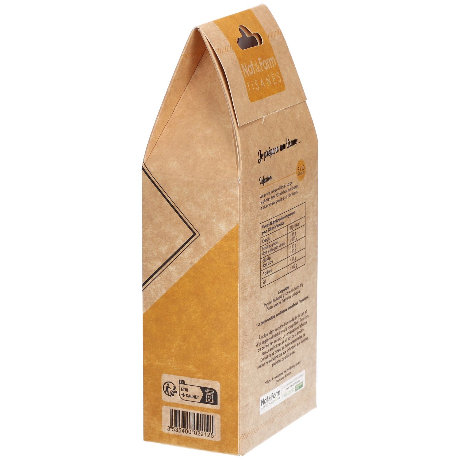 Vue latérale du paquet Nat&Form Tisane Défenses naturelles bio 80g avec informations nutritionnelles.
