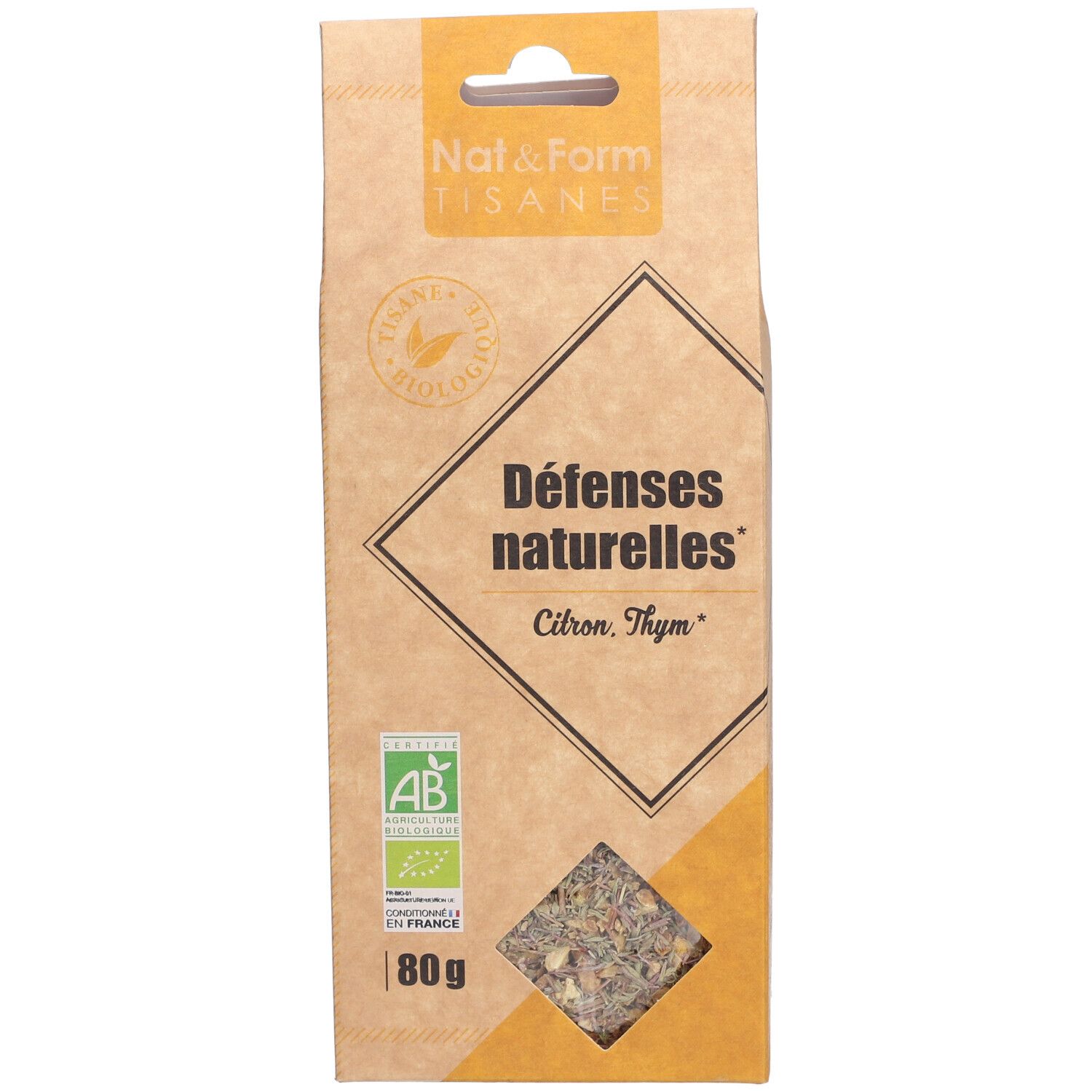 Nat&Form Tisane Défenses naturelles bio, paquet de 80g saveur citron thym.