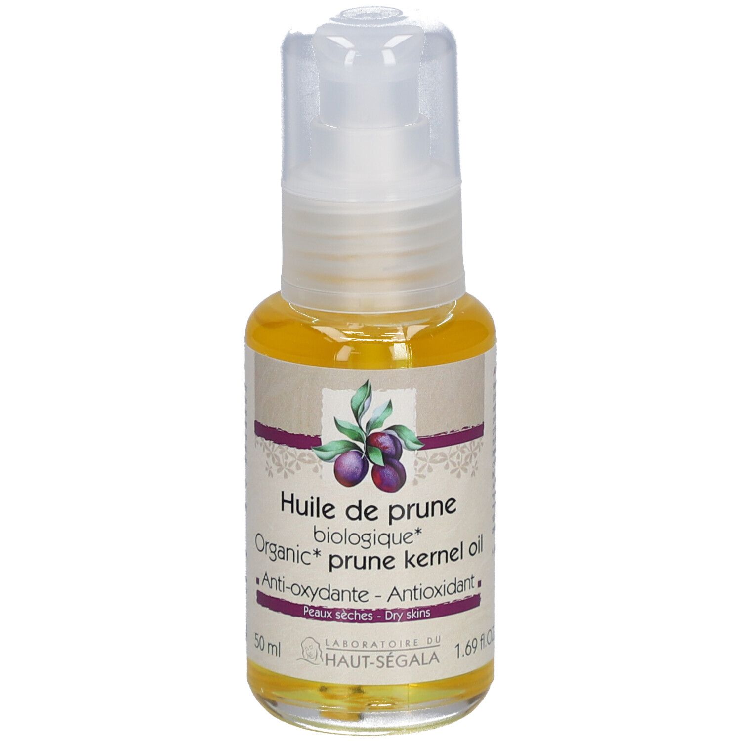 Flacon transparent avec liquide jaune. Inscription : Huile de prune biologique, Anti-oxydante, Peaux sèches. Label bio.