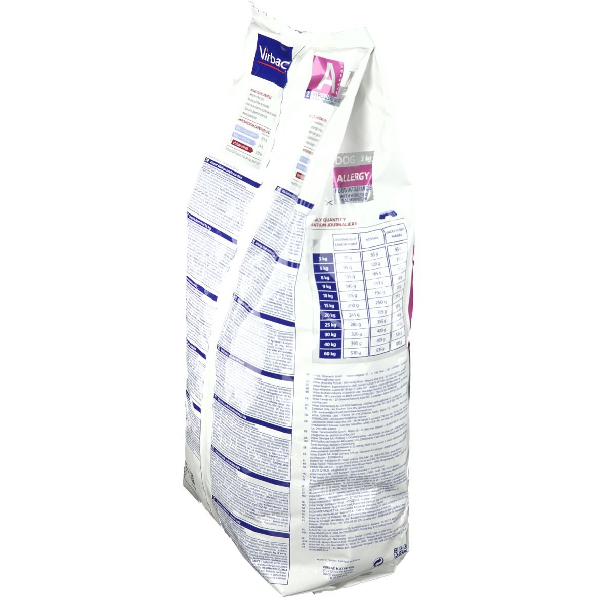 Sac Virbac VETERINARY HPM Chien Allergy 3kg, vue latérale avec tableau nutritionnel.