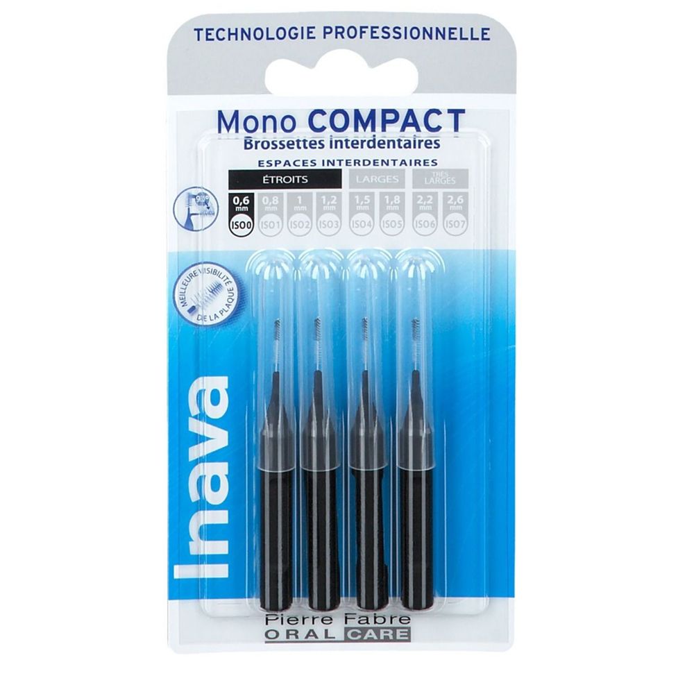 Brosses interdentaires Inava Mono Compact, fines, noires, 0,6 mm. Quatre brosses sous blister.