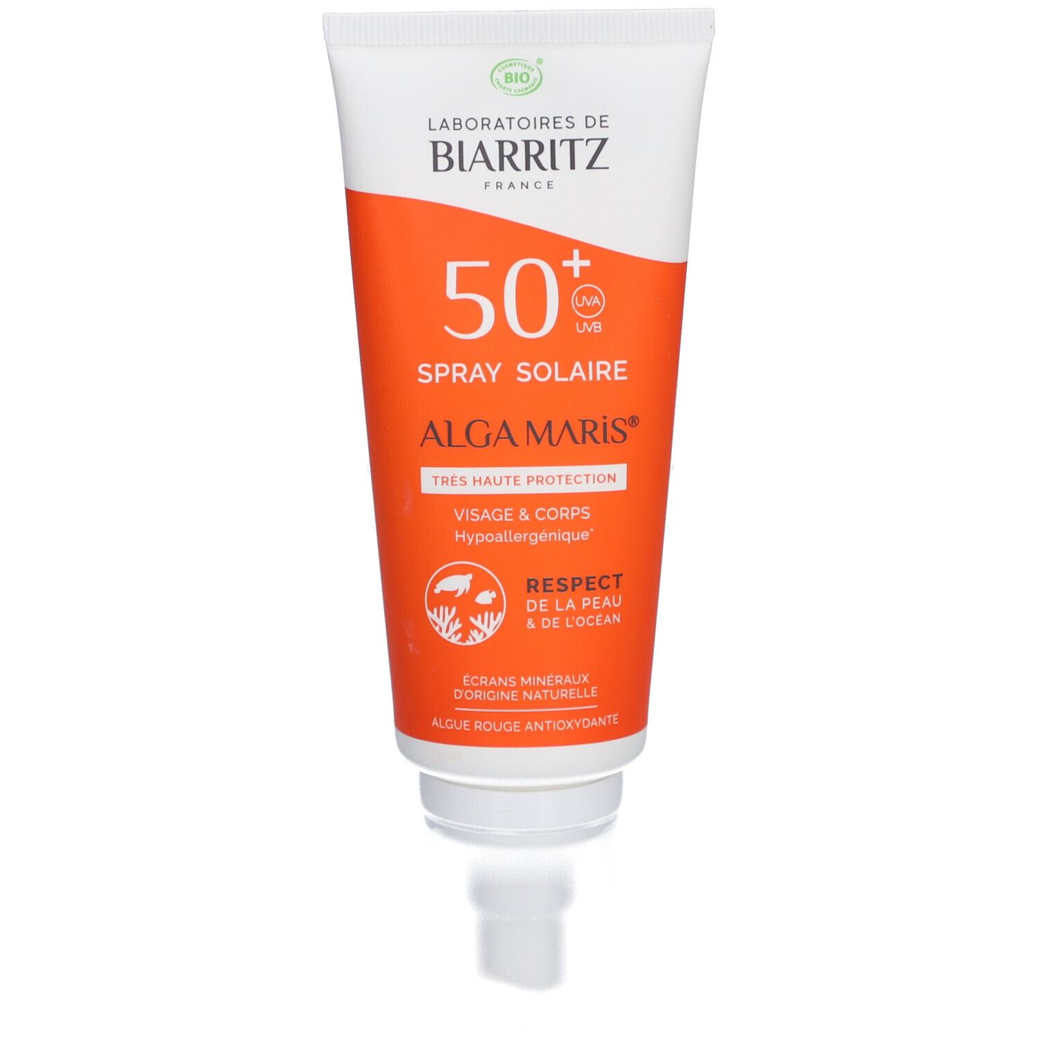 Tube blanche et orange de crème solaire. Texte: 50+ SPF, Spray Solaire, Alga Maris. Certification bio.
