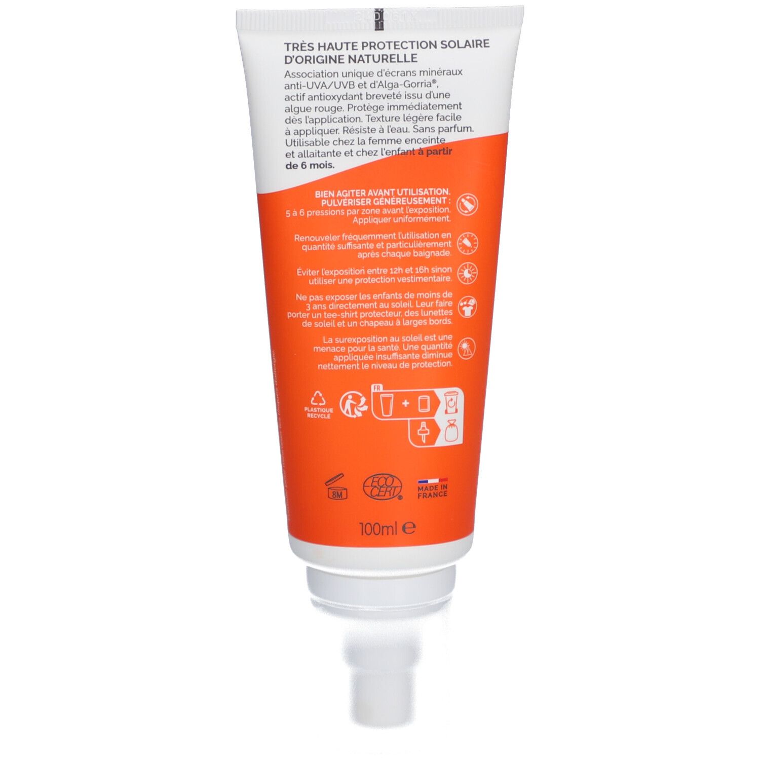 Dos du tube de crème solaire. Texte: Très haute protection solaire. Certification bio. 100ml.