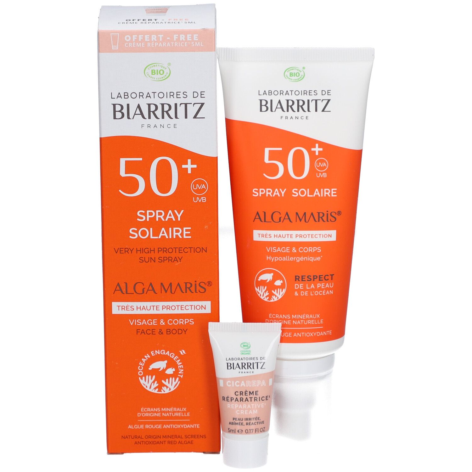 Emballage avec crème solaire et deux petits produits. Texte: 50+ SPF, Spray Solaire, Alga Maris. Certification bio.
