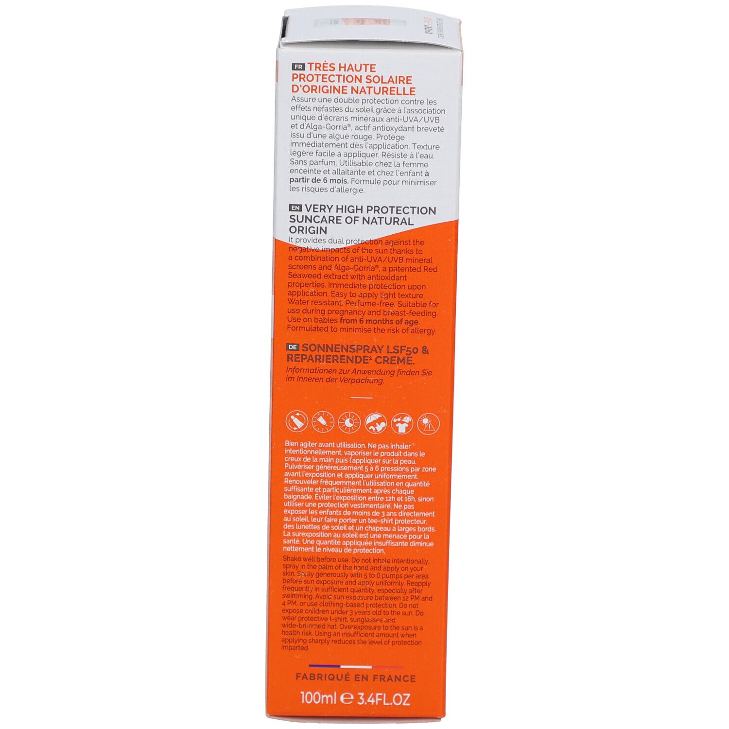 Dos de l'emballage avec texte multilingue. Texte: Sonnenspray LSF 50+ & Reparierende Creme. 100ml.