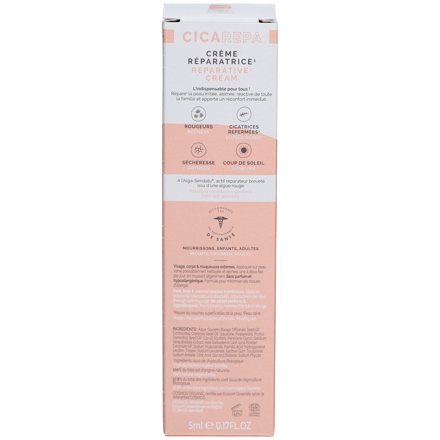 Petit tube de crème. Texte: CicaRepa, Crème Réparatrice. Pour rougeurs, cicatrices, coups de soleil. 5ml.