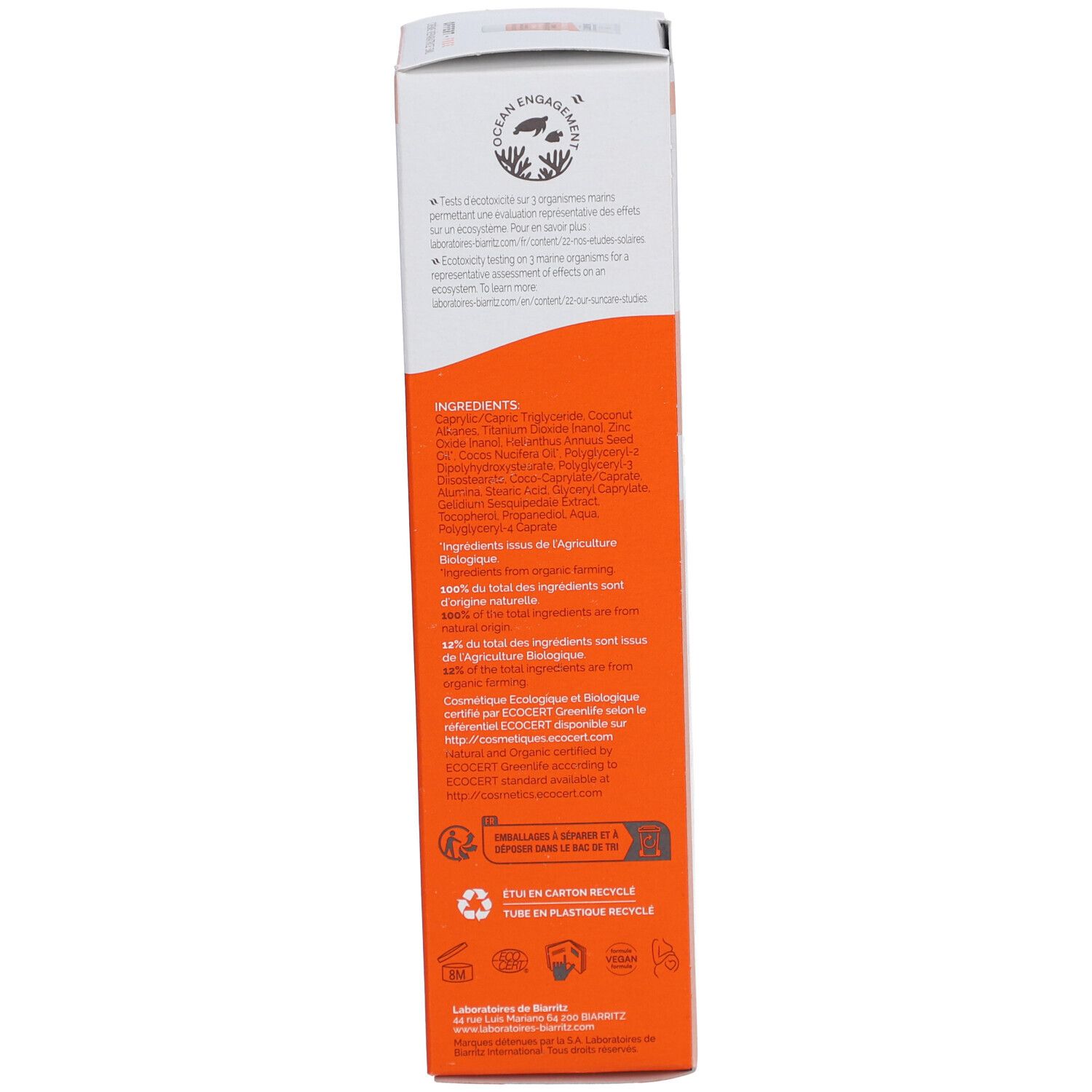 Dos de l'emballage avec ingrédients et certifications. Texte: Ingrédients, ECOCERT, recyclage.