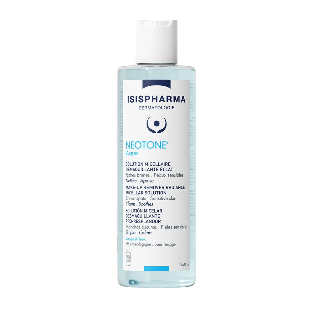Solution pour la peau en flacon transparent à bouchon blanc. Inscription : ISISPHARMA, Neotone Aqua, Solution micellaire.