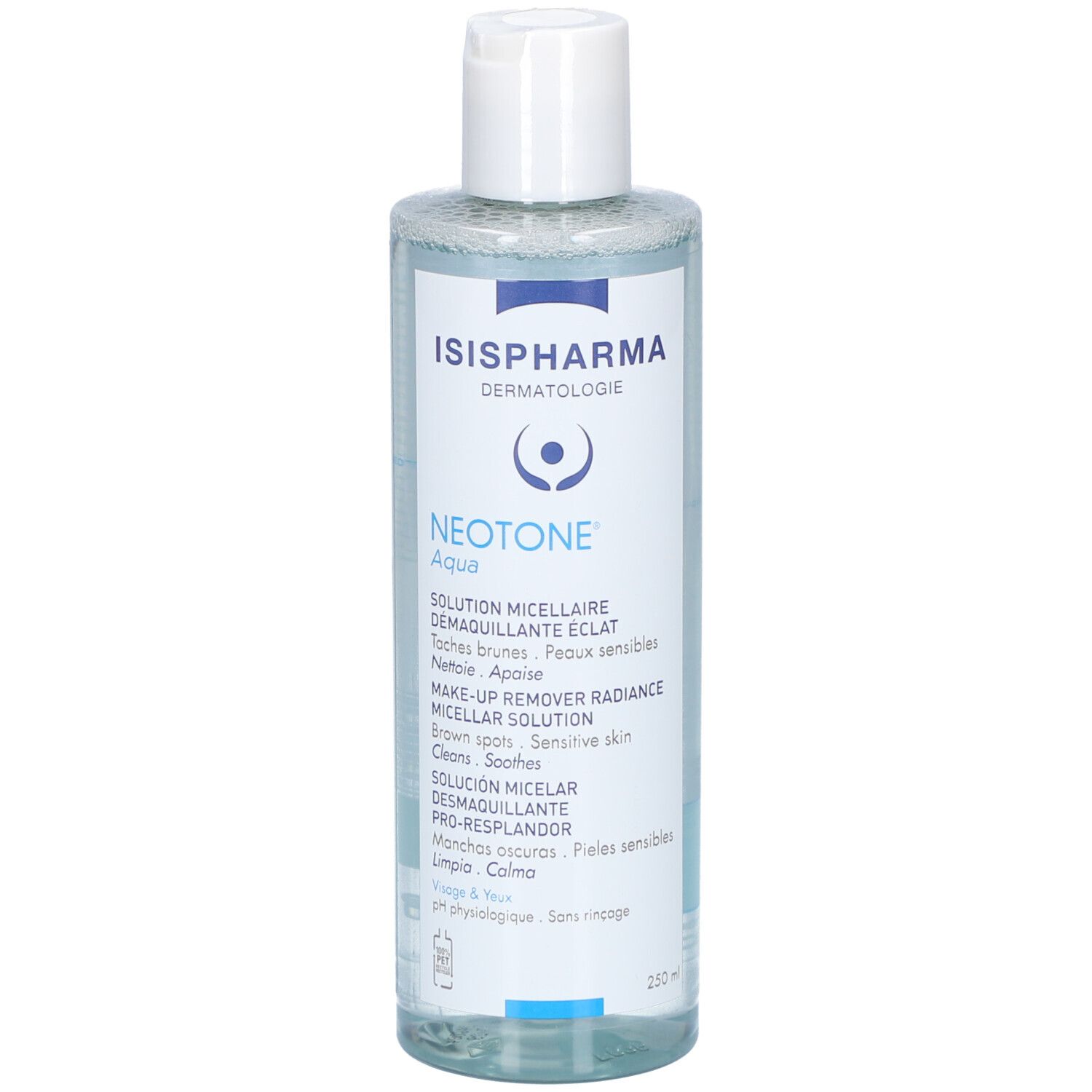 Solution pour la peau en flacon transparent à bouchon blanc. Inscription : ISISPHARMA, Neotone Aqua, Solution micellaire.