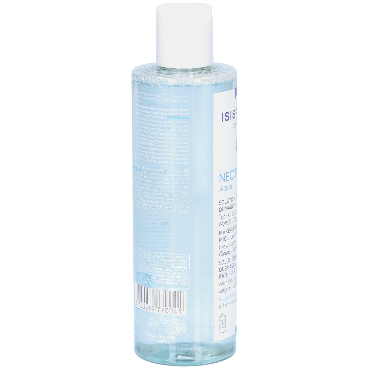 Dos d'un flacon transparent de solution pour la peau. Texte et code-barres visibles. Bouchon blanc.