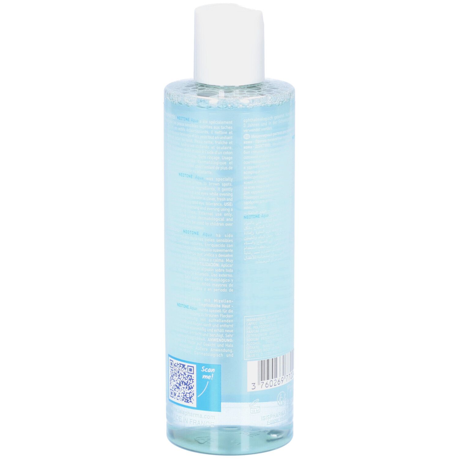 Dos d'un flacon transparent de solution pour la peau. Texte et code-barres visibles. Bouchon blanc.