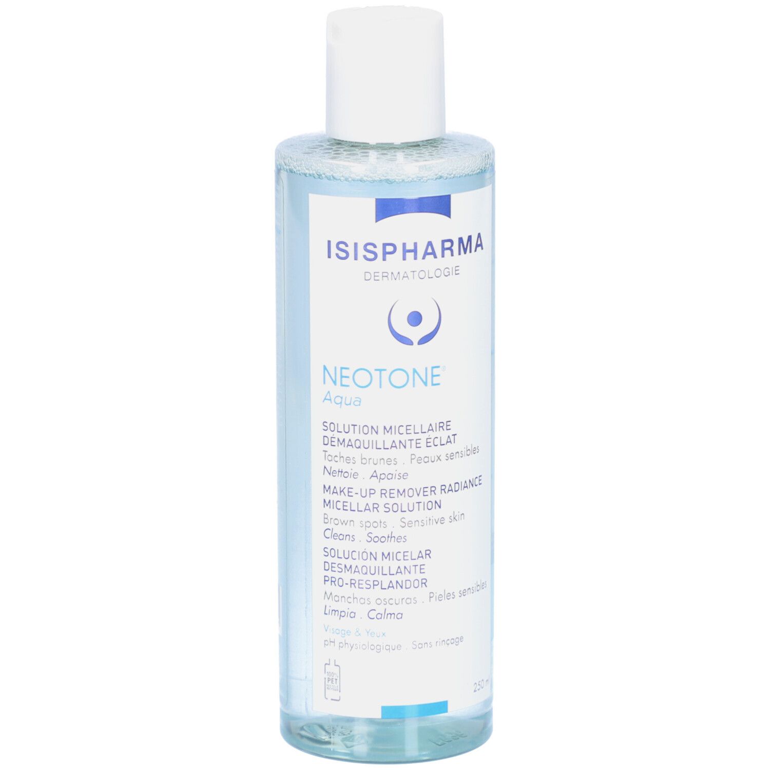 Solution pour la peau en flacon transparent à bouchon blanc. Inscription : ISISPHARMA, Neotone Aqua, Solution micellaire.