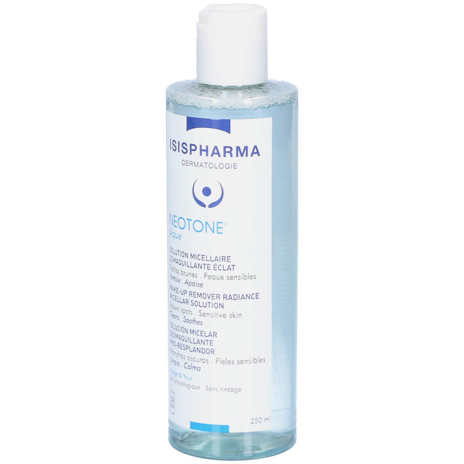Solution pour la peau en flacon transparent à bouchon blanc. Inscription : ISISPHARMA, Neotone Aqua, Solution micellaire.