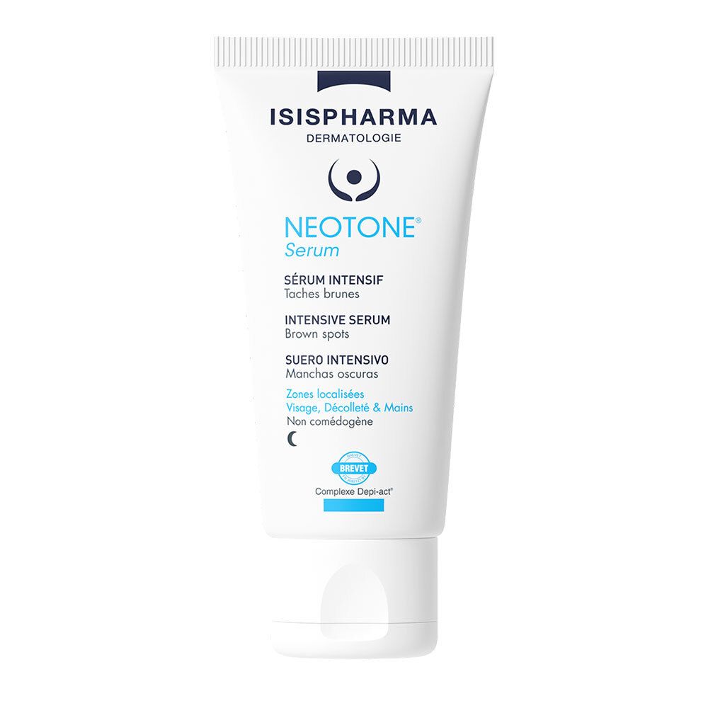 Tube blanc, texte bleu. ISISPHARMA Dermatologie, Neotone Serum. Sérum Intensif, taches brunes. Symbole nuit. Brevet.