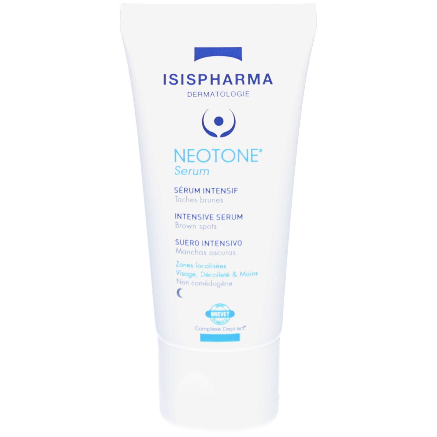 Tube blanc, texte bleu. ISISPHARMA Dermatologie, Neotone Serum. Sérum Intensif, taches brunes. Symbole nuit. Brevet.