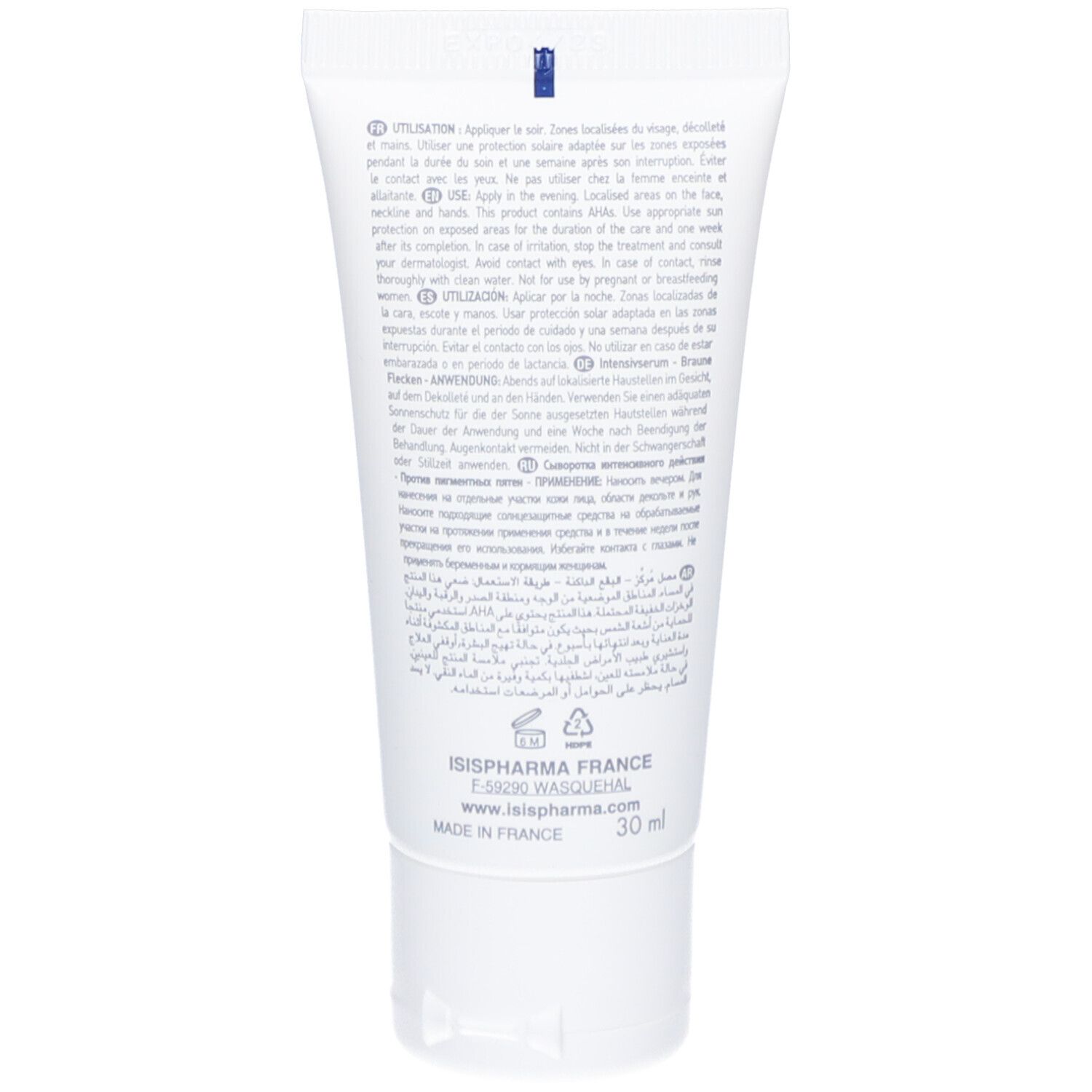 Dos du tube. Texte multilingue : Utilisation, ingrédients, ISISPHARMA France, 30 ml. Fabriqué en France.