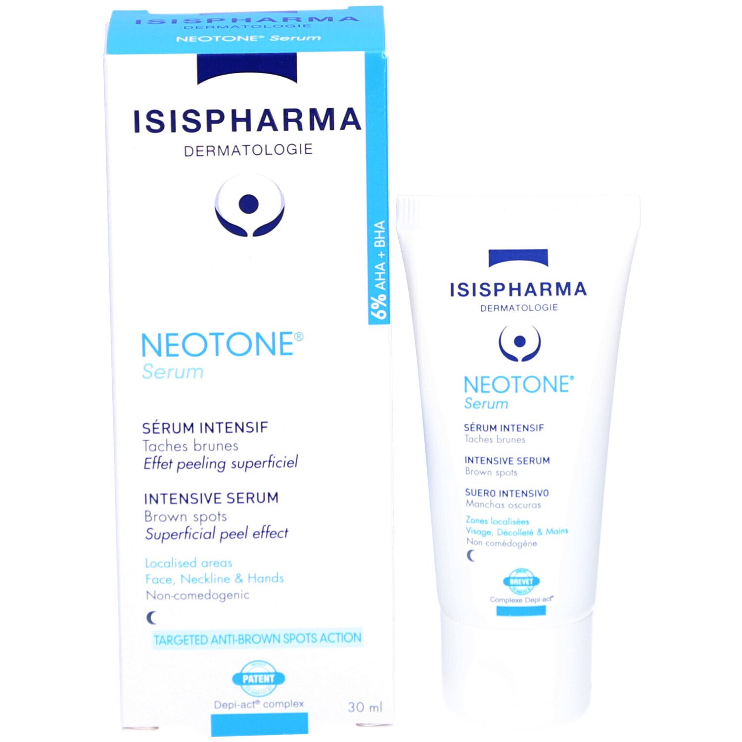 Emballage et tube. ISISPHARMA Dermatologie, Neotone Serum. Sérum Intensif, taches brunes. 6% AHA + BHA. 30 ml.