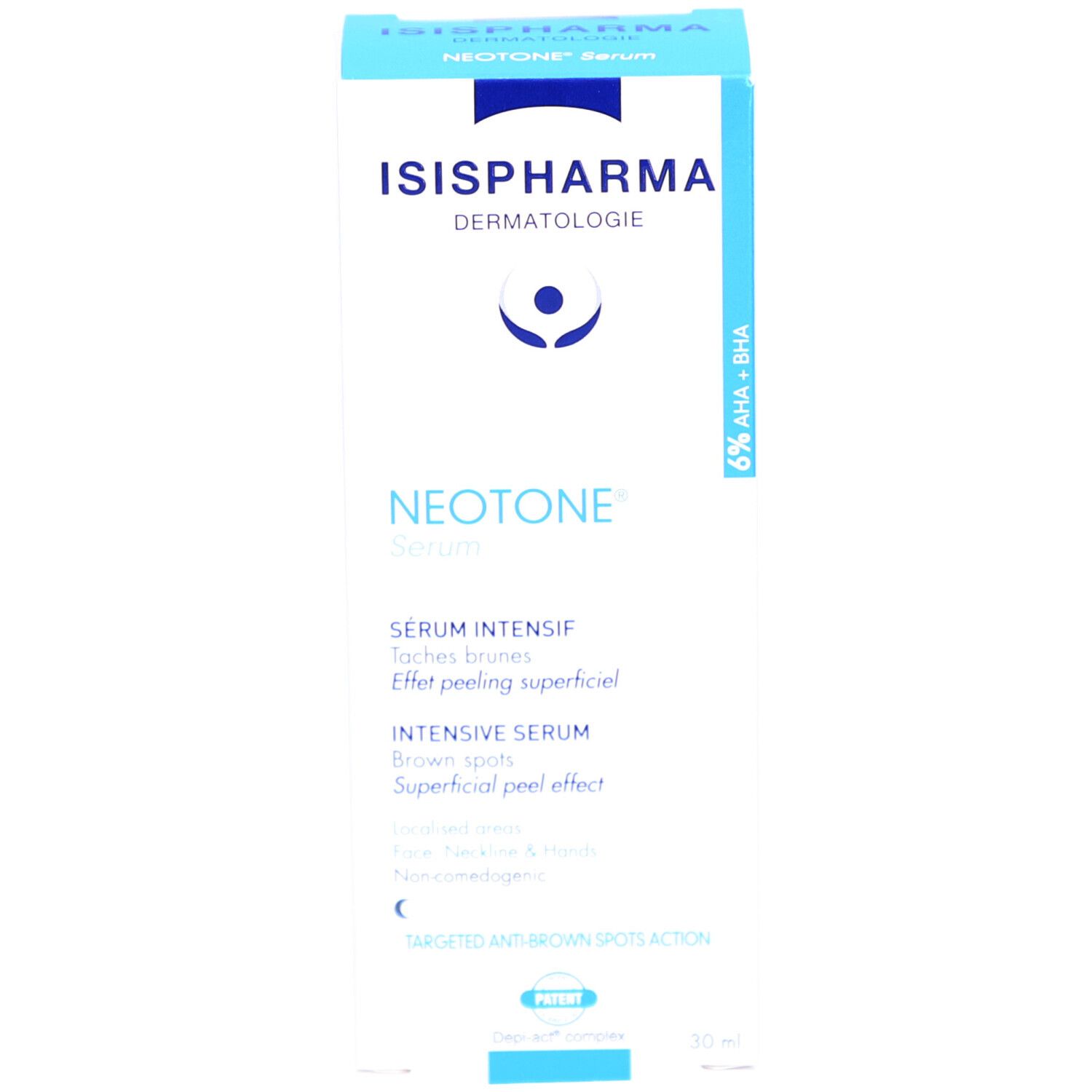 Emballage. ISISPHARMA Dermatologie, Neotone Serum. Sérum Intensif, taches brunes. 6% AHA + BHA. 30 ml.