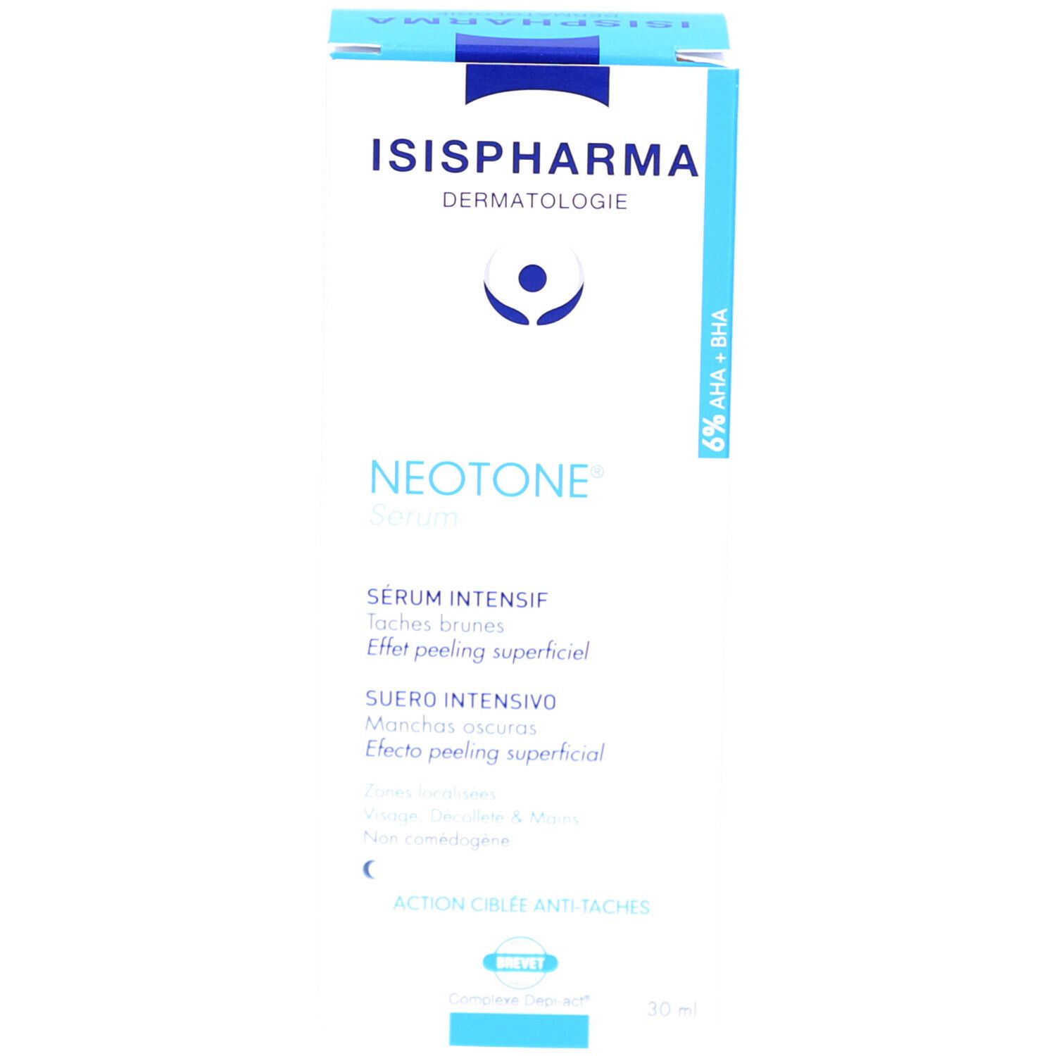Emballage. ISISPHARMA Dermatologie, Neotone Serum. Sérum Intensif, taches brunes. 6% AHA + BHA. 30 ml.
