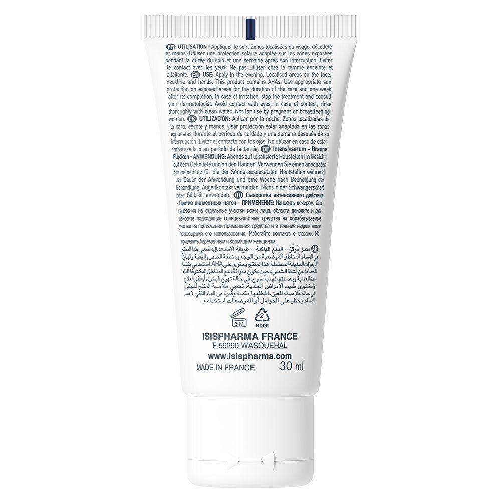 Dos du tube. Texte multilingue : Utilisation, ingrédients, ISISPHARMA France, 30 ml. Fabriqué en France.