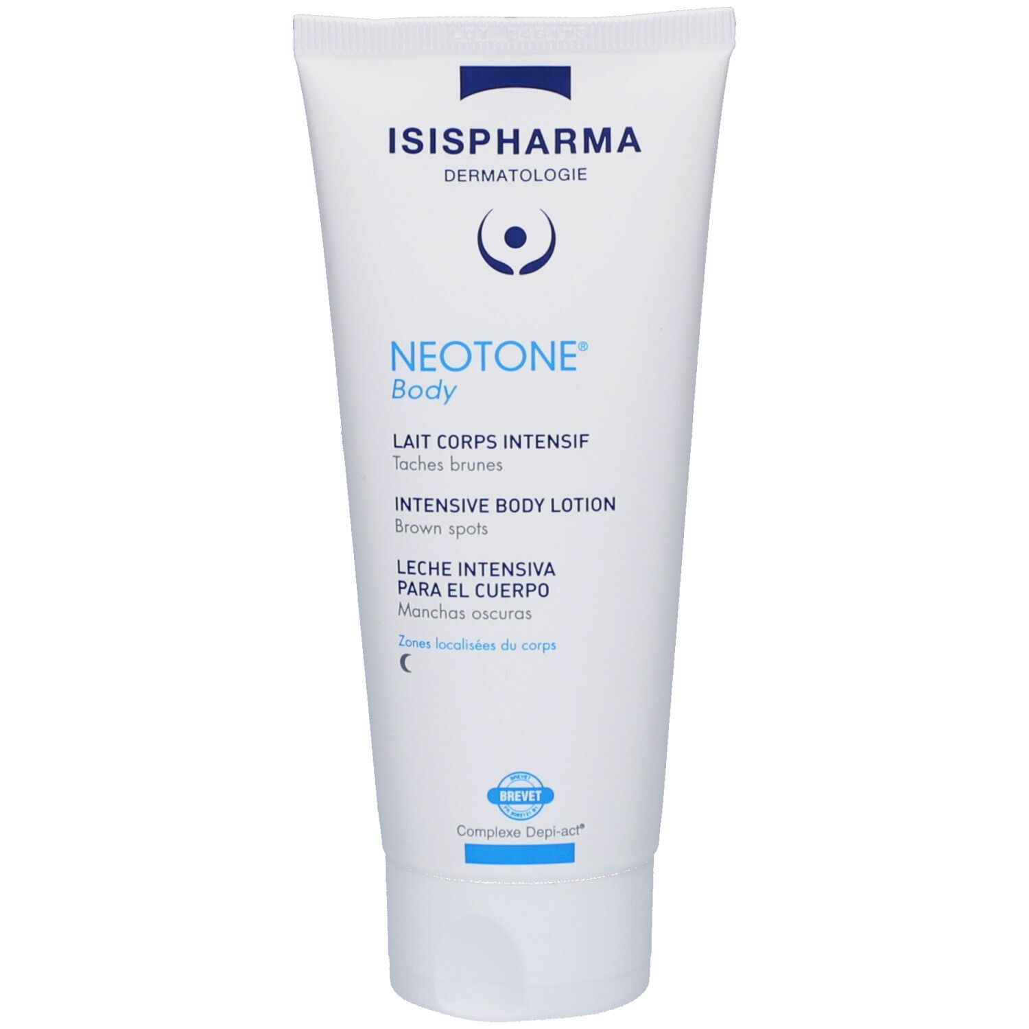 Tube blanc avec texte bleu. ISISPHARMA Dermatologie, Neotone Body, Lait Corps Intensif. Texte en plusieurs langues.