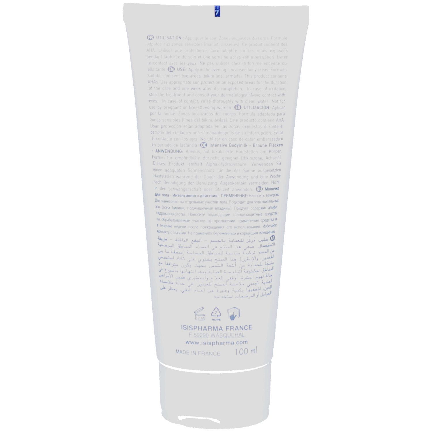 Dos d'un tube blanc. Texte multilingue. ISISPHARMA FRANCE, www.isispharma.com. 100 ml.