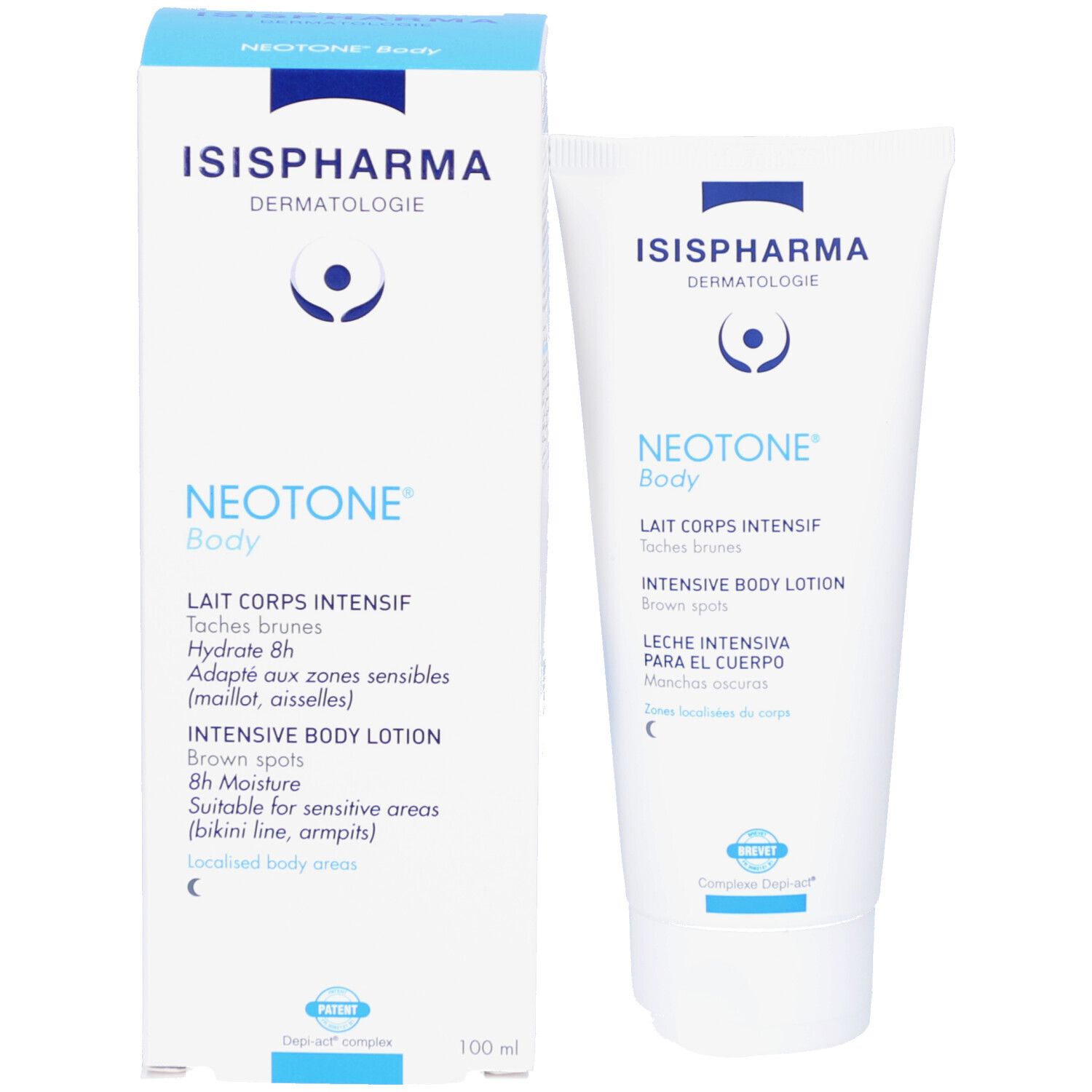 Emballage et tube. ISISPHARMA Dermatologie, Neotone Body, Lait Corps Intensif. 100 ml.