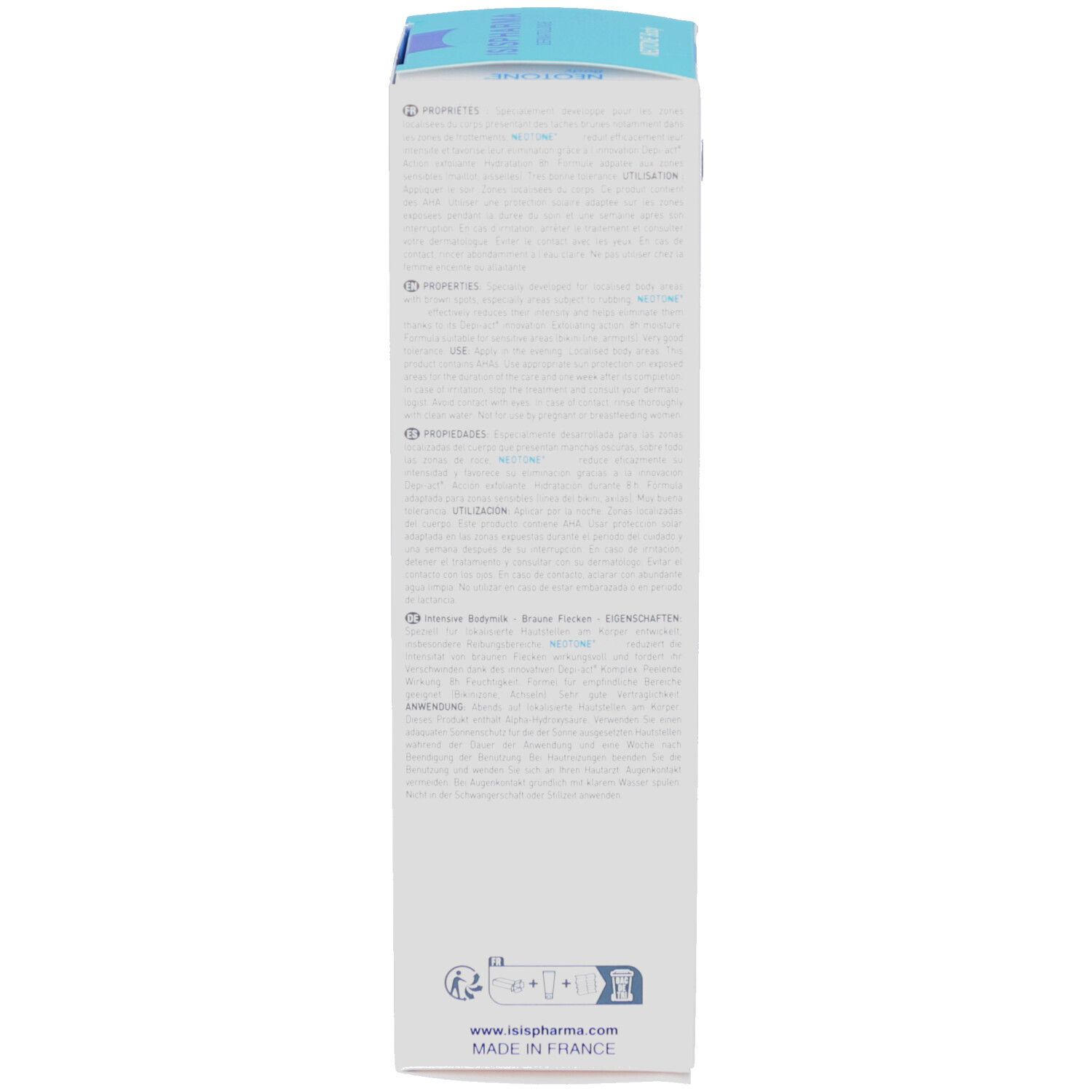 Dos de l'emballage. Texte multilingue. ISISPHARMA Dermatologie. Code QR.