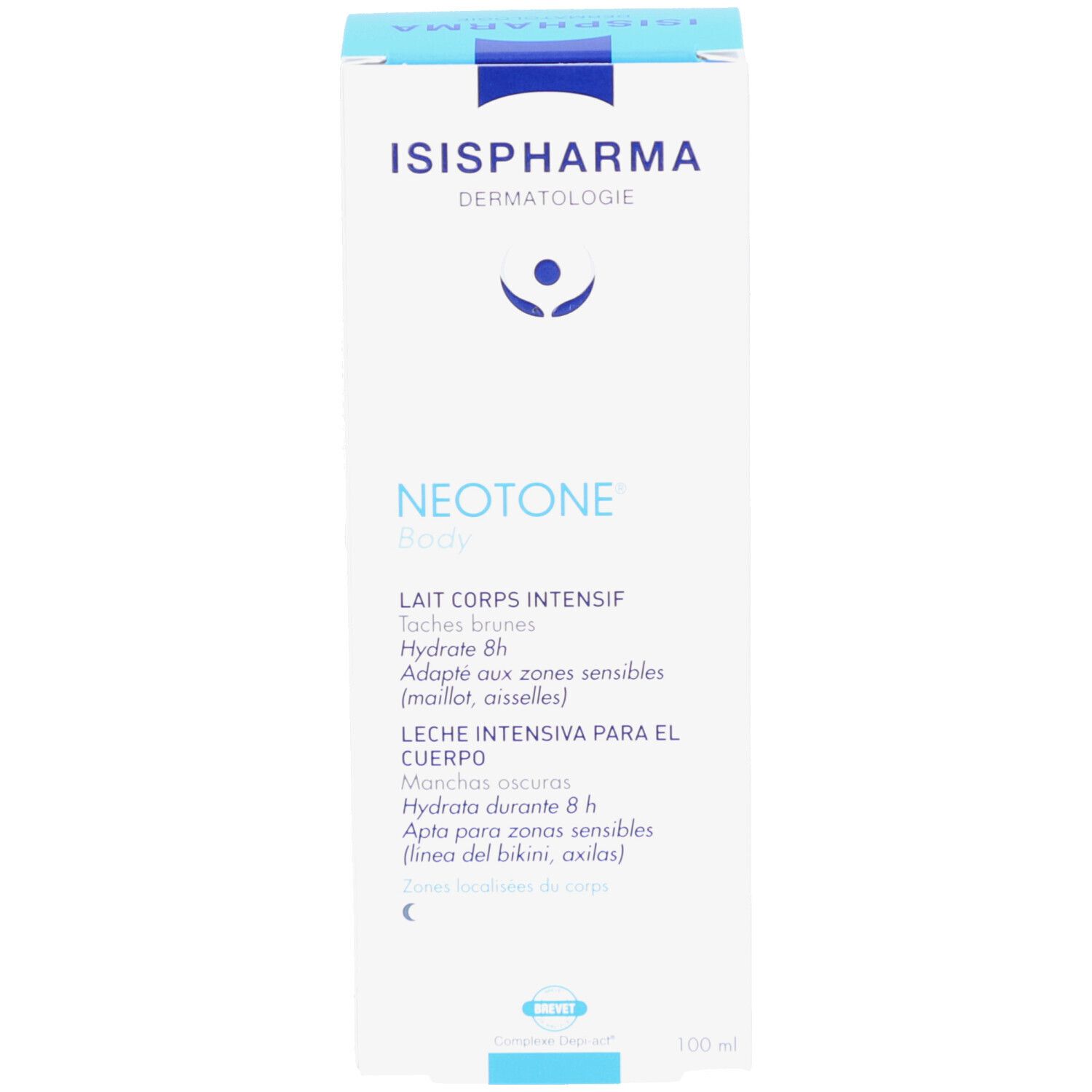 Emballage du produit. ISISPHARMA Dermatologie, Neotone Body, Lait Corps Intensif. 100 ml.