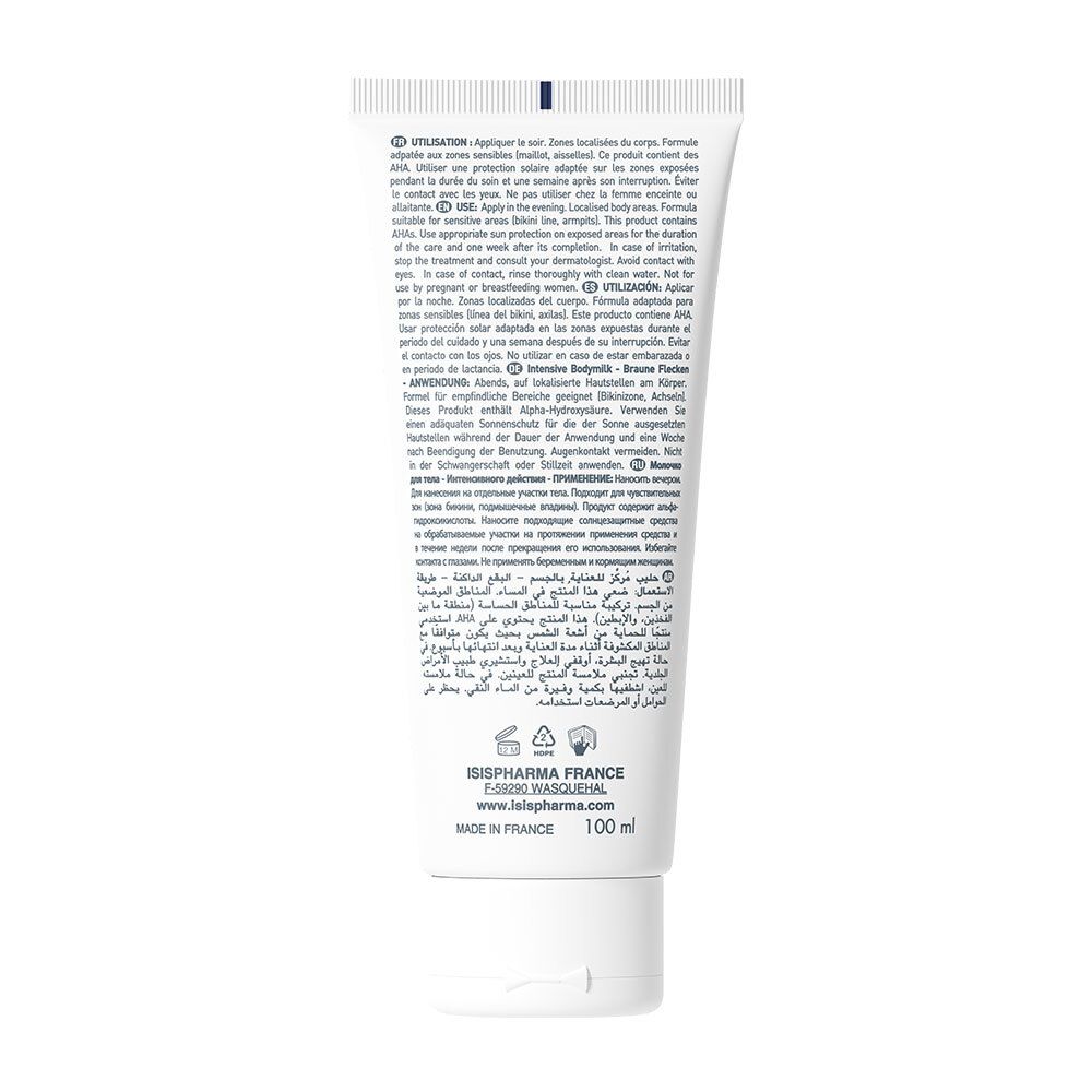 Dos d'un tube blanc. Texte multilingue. ISISPHARMA FRANCE, www.isispharma.com. 100 ml.