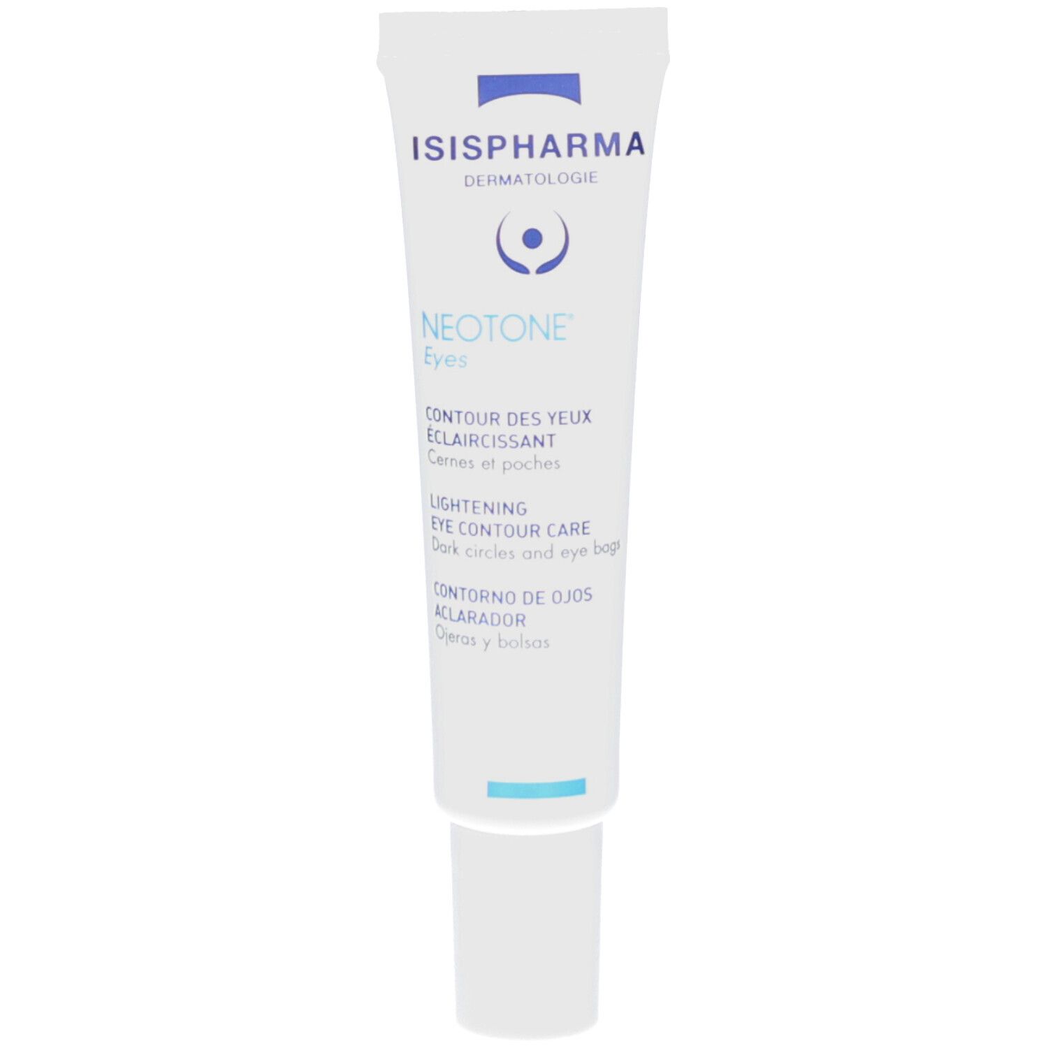 Tube blanc ISISPHARMA NEOTONE Eyes. Texte: Contour des yeux éclaircissant, Lightening Eye Contour Care, Contorno de ojos.