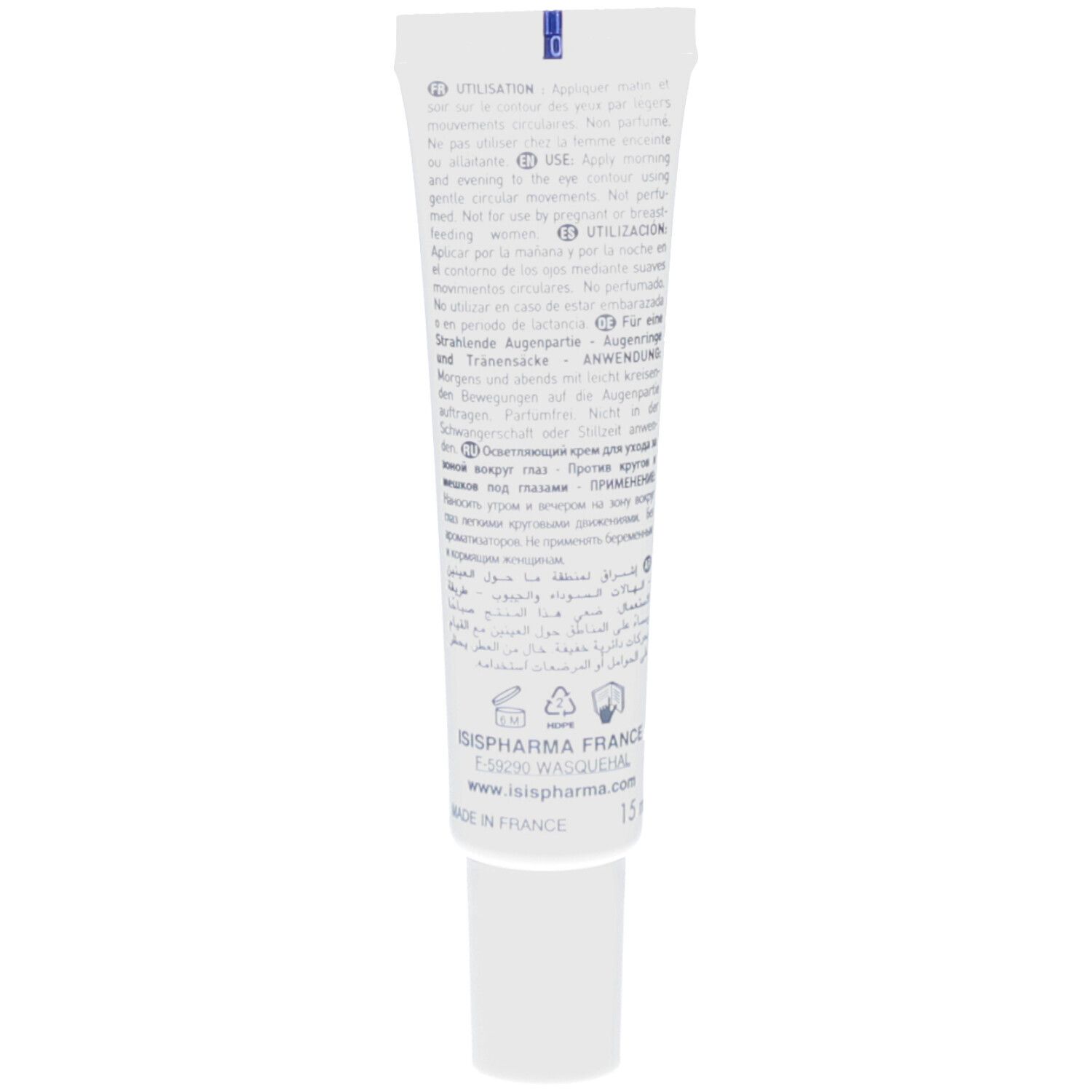 Dos du tube blanc. Texte multilingue: Utilisation, ingrédients, ISISPHARMA, 15 ml.