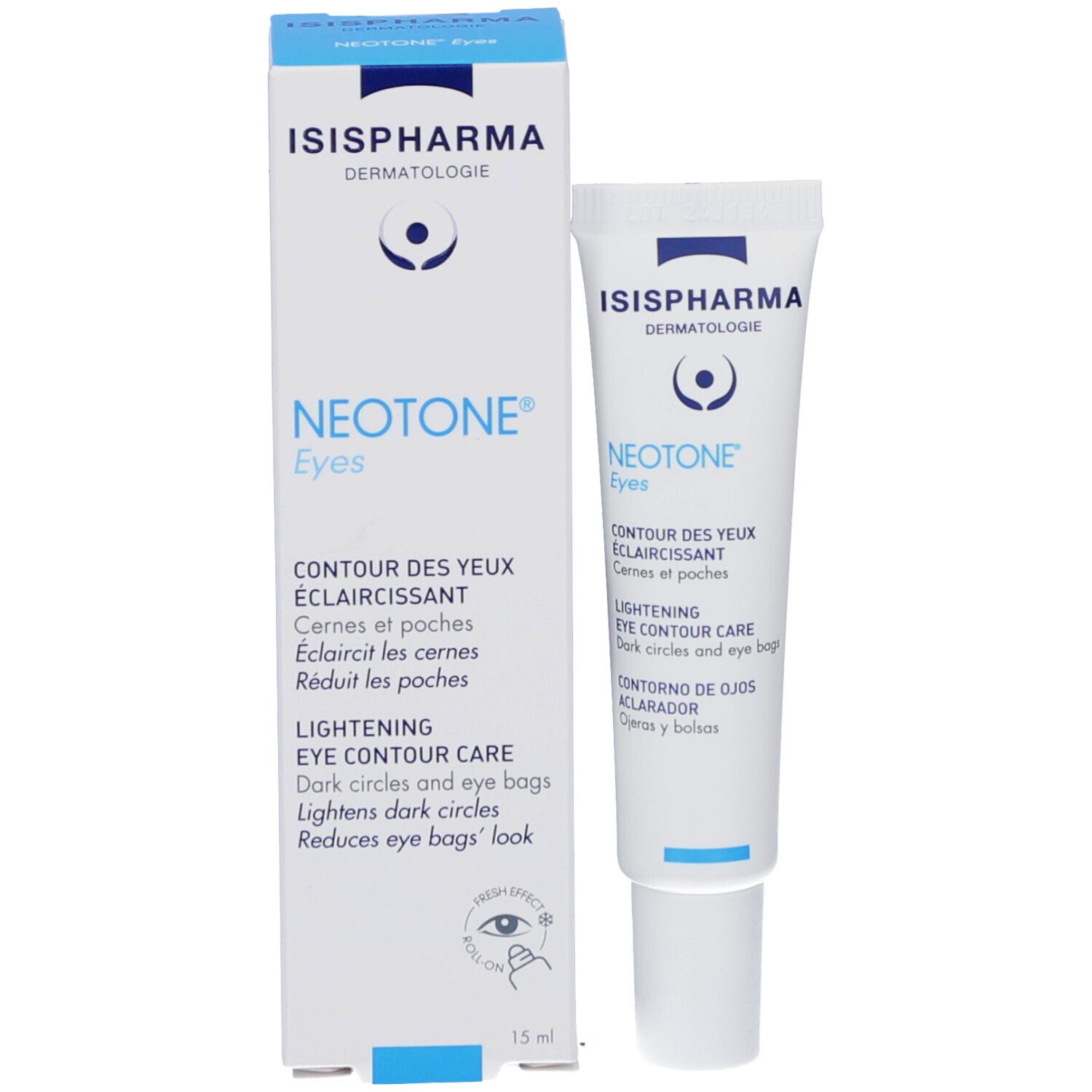 Boîte et tube ISISPHARMA NEOTONE Eyes. Texte: Contour des yeux éclaircissant, Lightening Eye Contour Care, 15 ml.