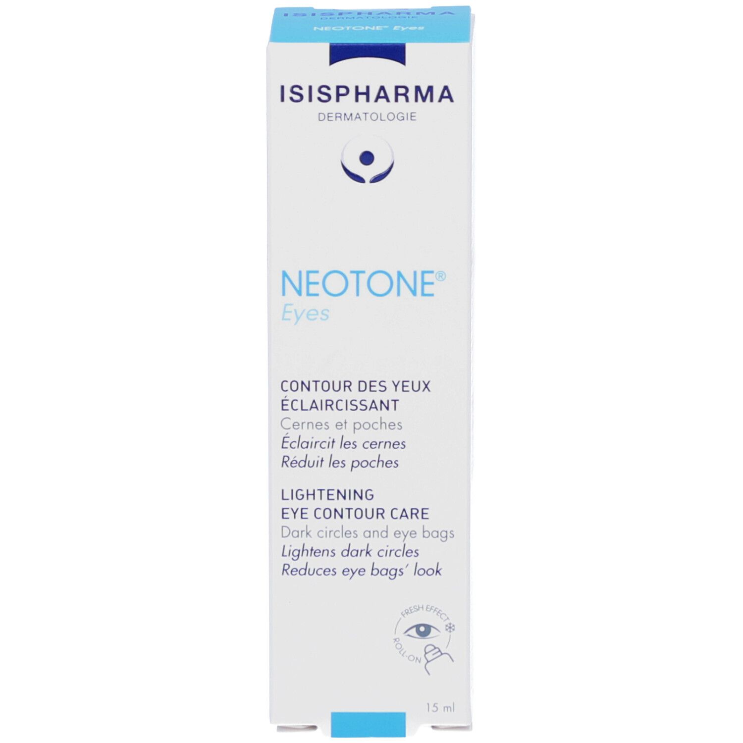 Boîte ISISPHARMA NEOTONE Eyes. Texte: Contour des yeux éclaircissant, Lightening Eye Contour Care, 15 ml.