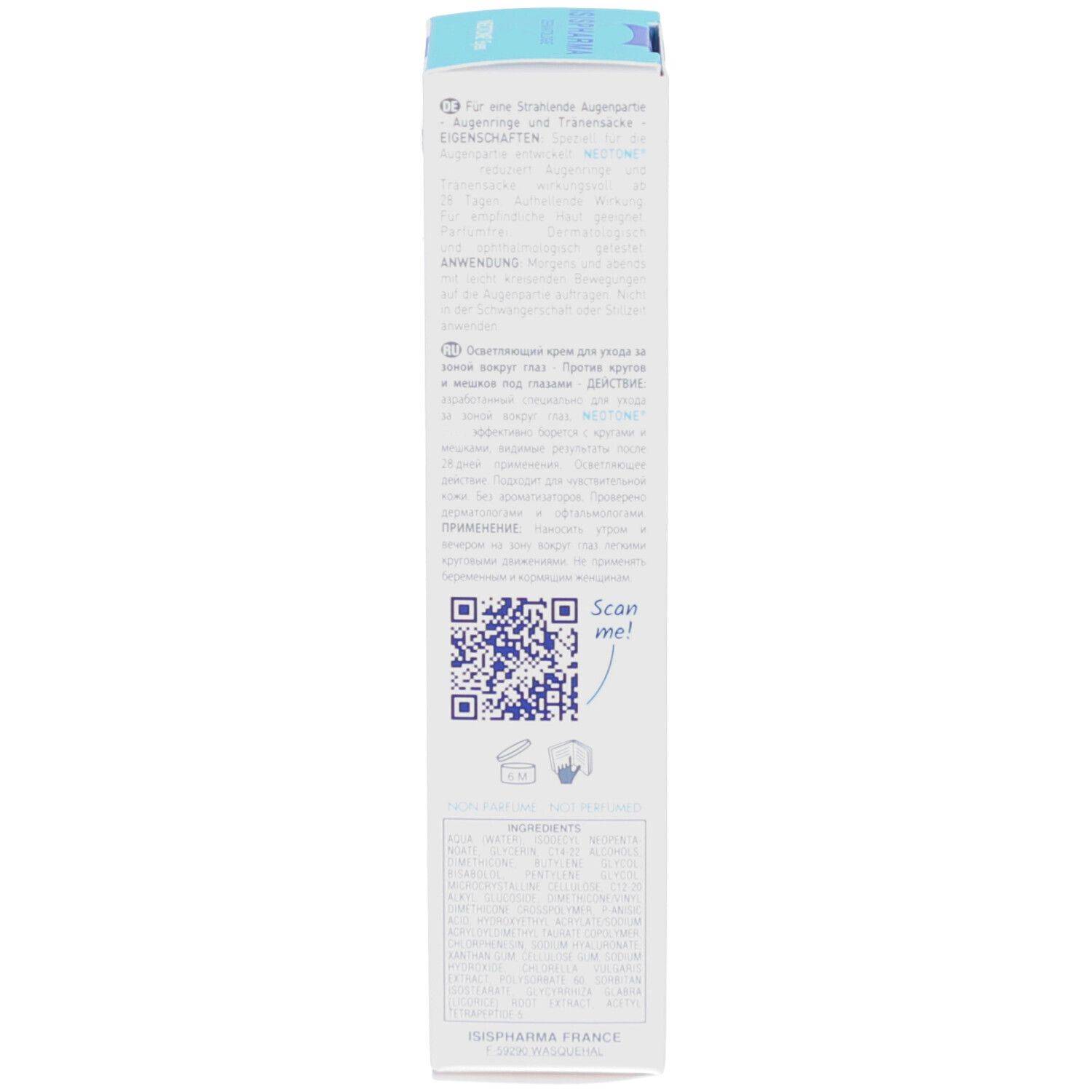 Côté de la boîte. Texte multilingue: Propriétés, Utilisation, ingrédients, ISISPHARMA, QR code.