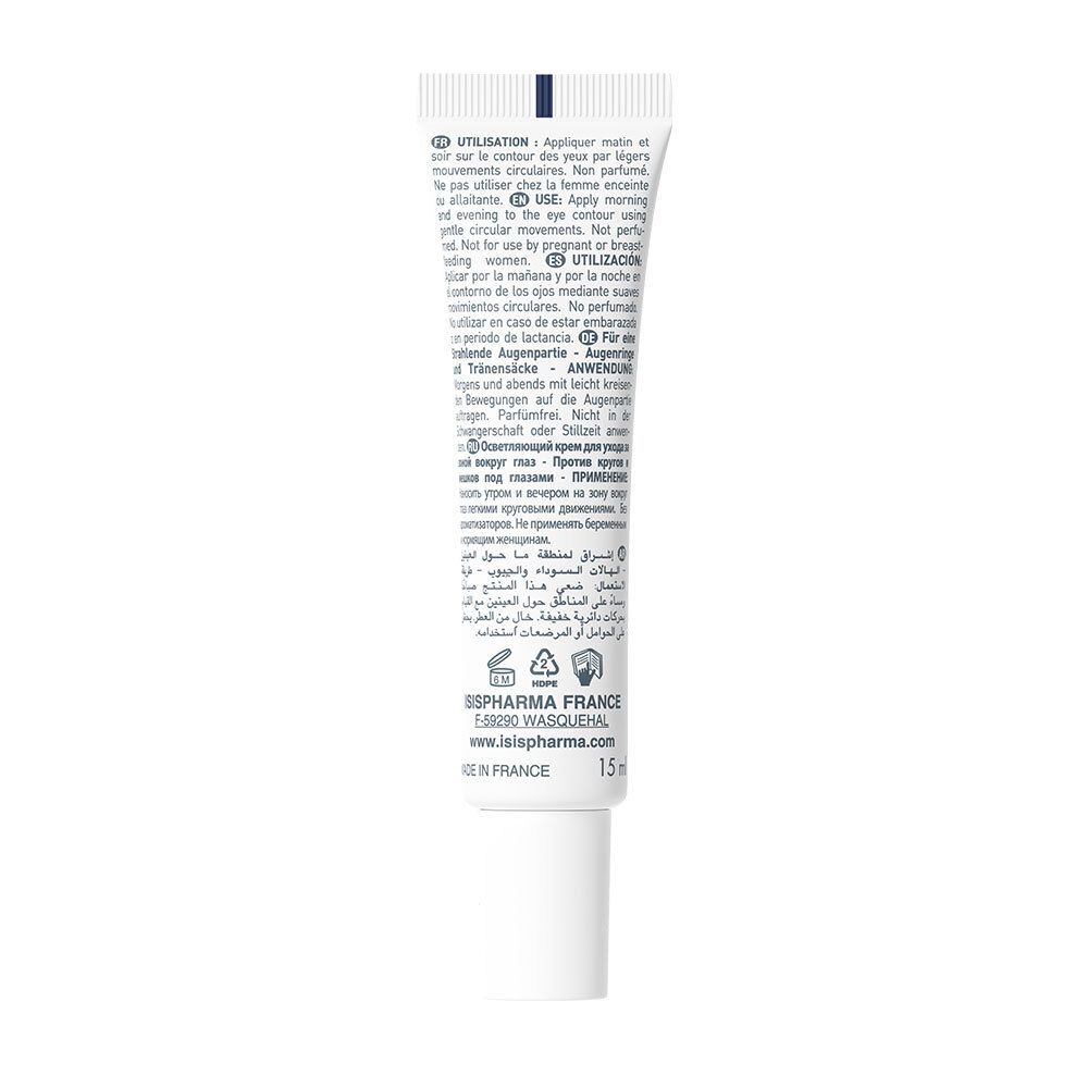 Dos du tube blanc. Texte multilingue: Utilisation, ingrédients, ISISPHARMA, 15 ml, Made in France.